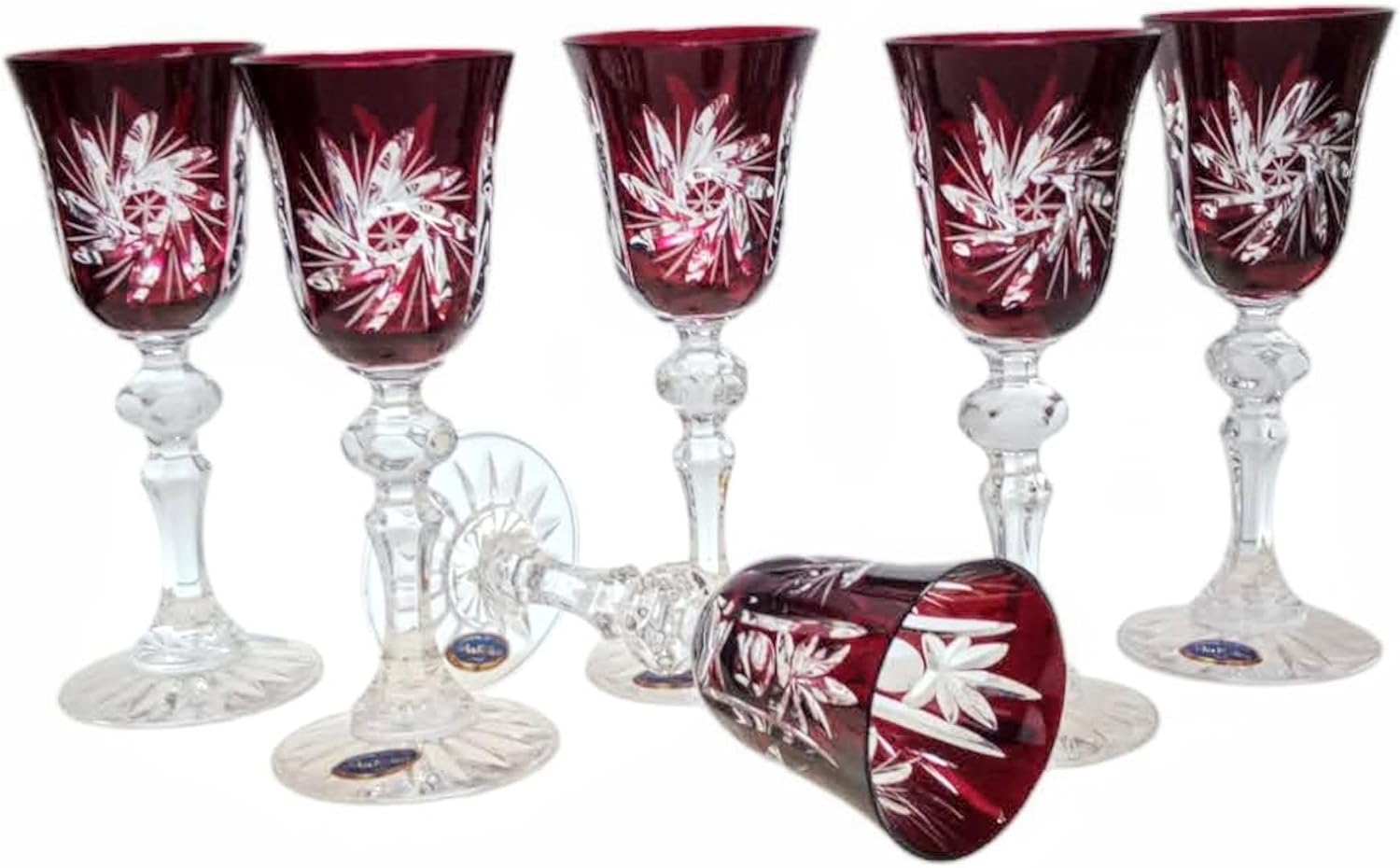 MaRika Crystal Liqueur Glasses 60ml - Ruby Red Hand Decorated Elegant Glass for Liquors and Spirits - Set of 6 Gift Idea