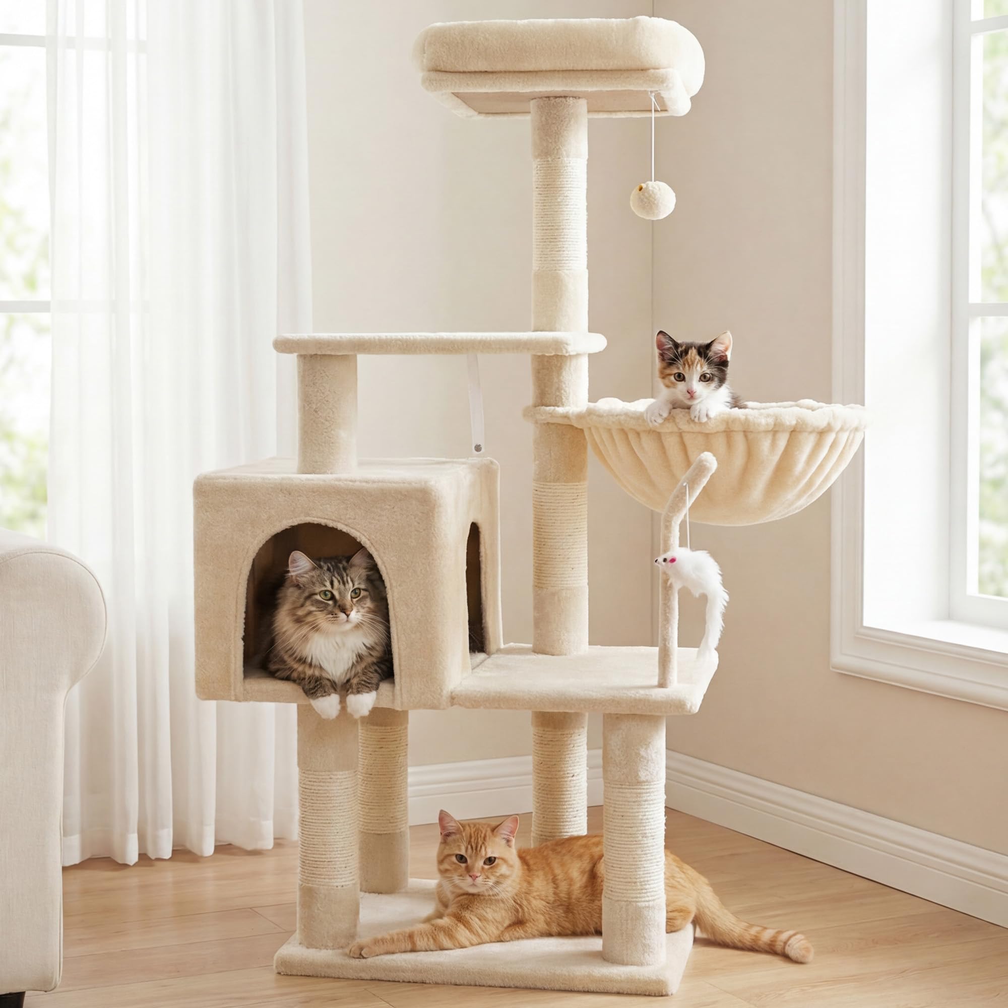 Hey-brother Tiragraffi per Gatti, con Cuccia, Topolino finto, MPJ004SM | 110cm Albero per Gatti Multilivello, Cesta, Piattaforme in Peluche, Pompon, Ideale per gattini da interno, Beige