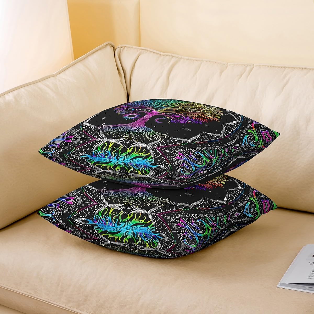 Colorful Tree Pillow Cases Cushion Covers Tree Branches Pattern Throw Pillow Covers 22"x22" Set of 2 Soft For Kids Teens Tree of life Decorative Throw Pillowcases Sun Moon Colorful Cushion Cases