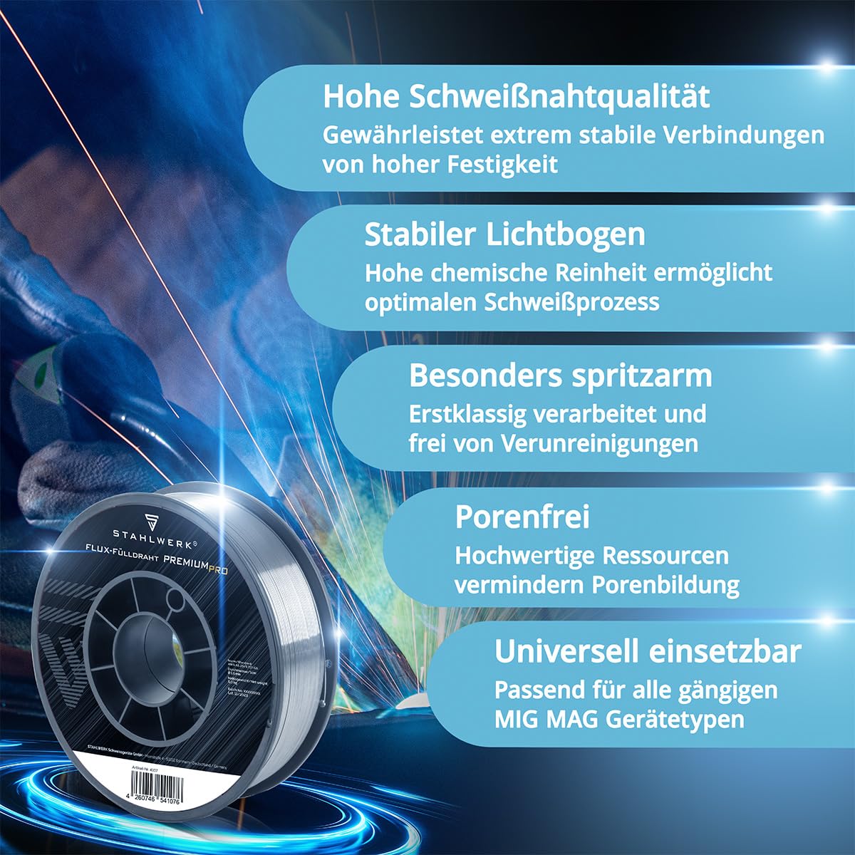 STAHLWERK Filo animato FLUX - E71T-GS 1,0 mm, bobina di filo da 5 kg D200, bobina di filo per mandrino da 50 mm, filo di saldatura premium, filo di apporto, filo di saldatura universale
