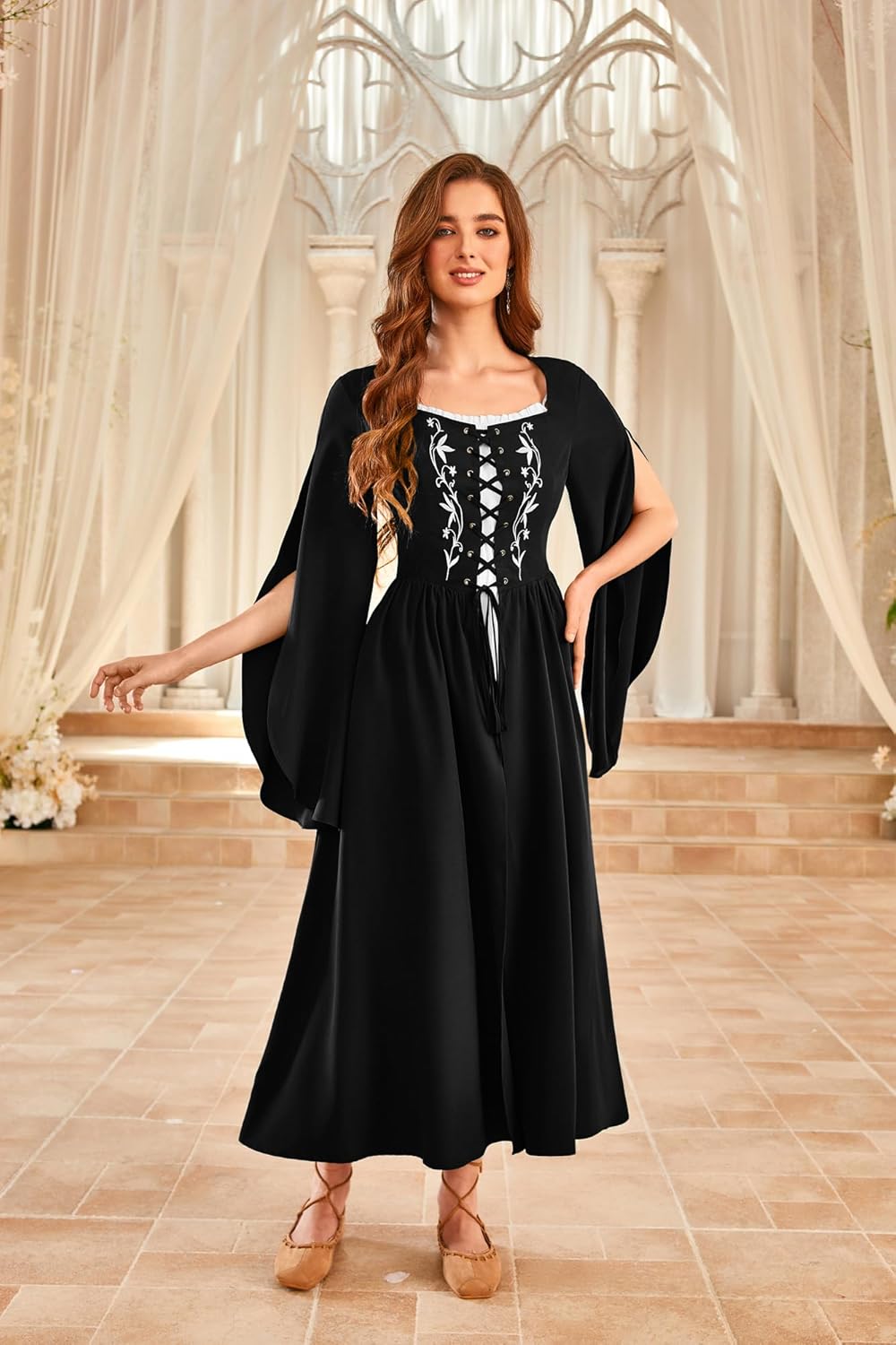 Scarlet Darkness Women's Medieval Renaissance Costume Dress Long Bell Sleeve Embroidery Cosplay Overdress - Image 2