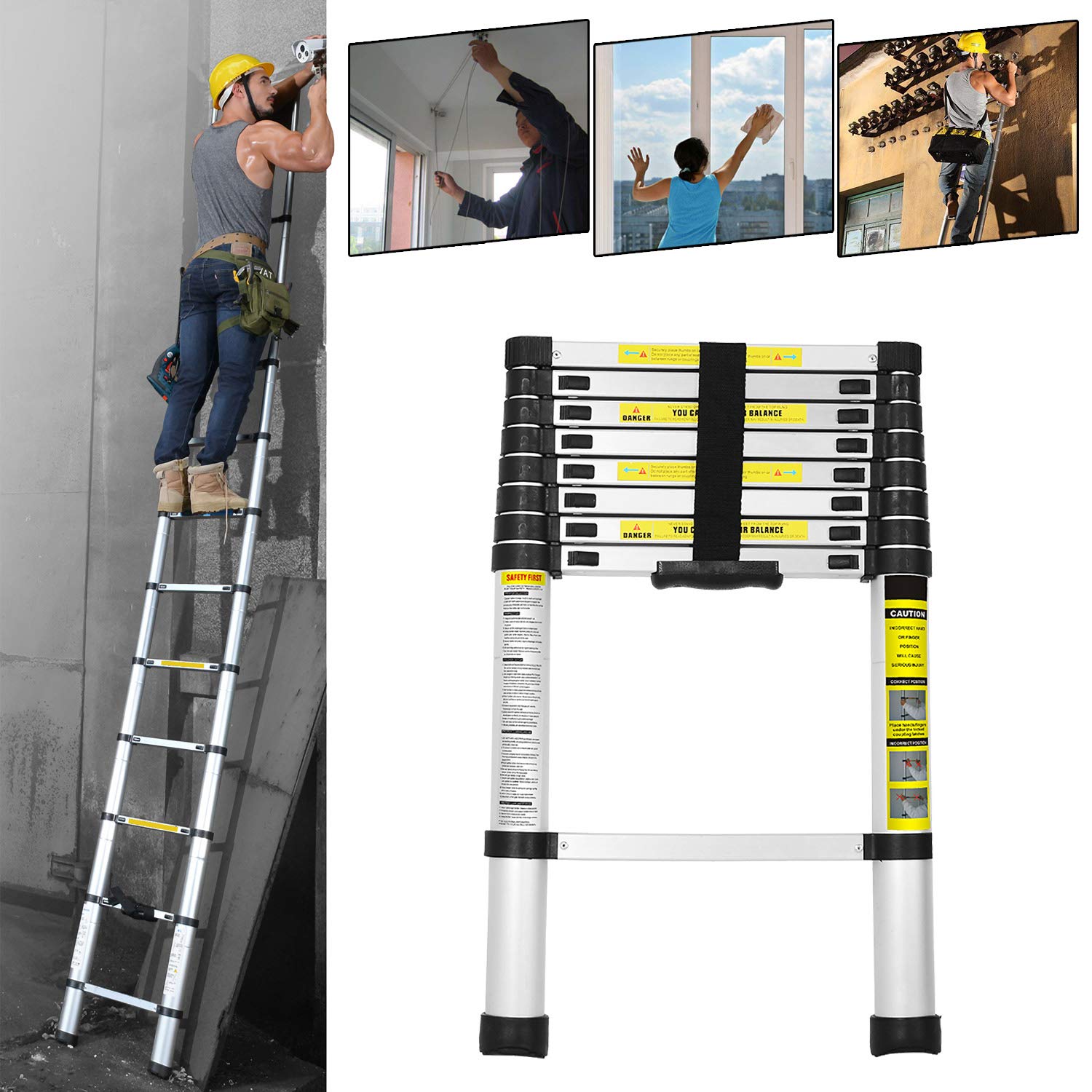 Scala telescopica 2,6 m, scala in alluminio allungabile, scala multiuso telescopica, portata 150 kg, colore: argento