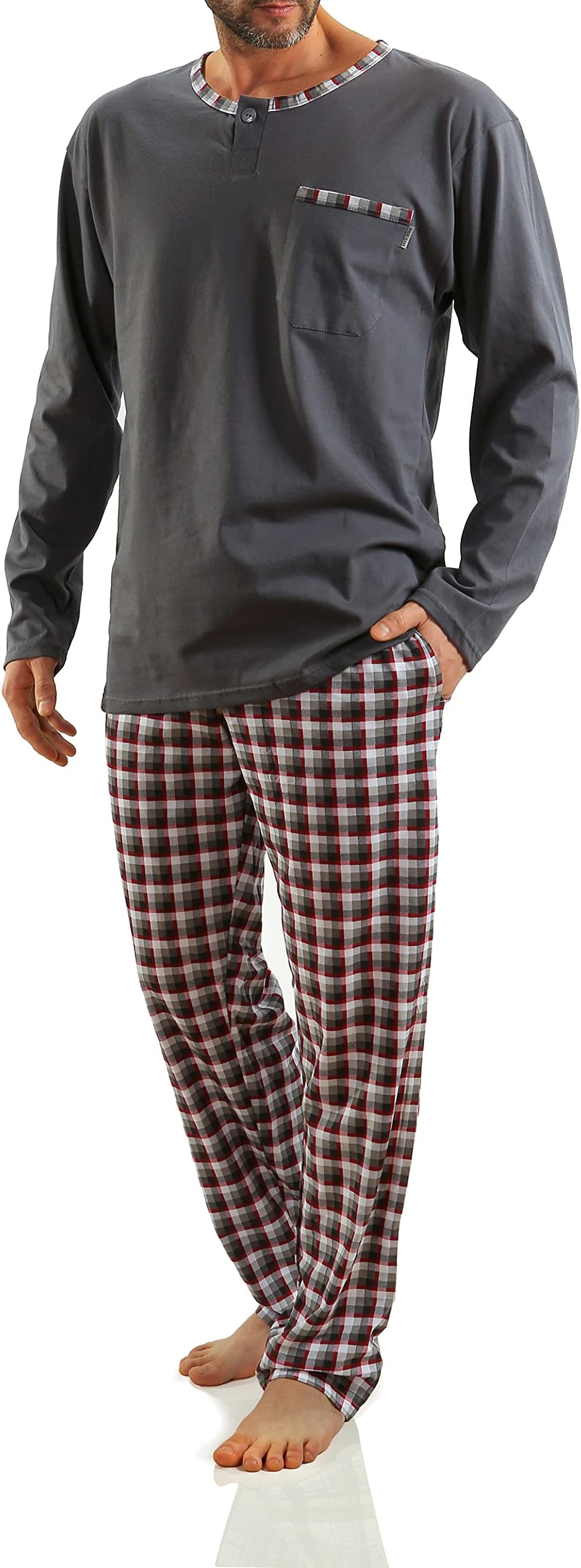 sesto senso Men's Long Cotton Pyjamas Long Sleeve Shirt with Pocket Pyjama Bottoms Two Piece Set Colourful Sleepwear