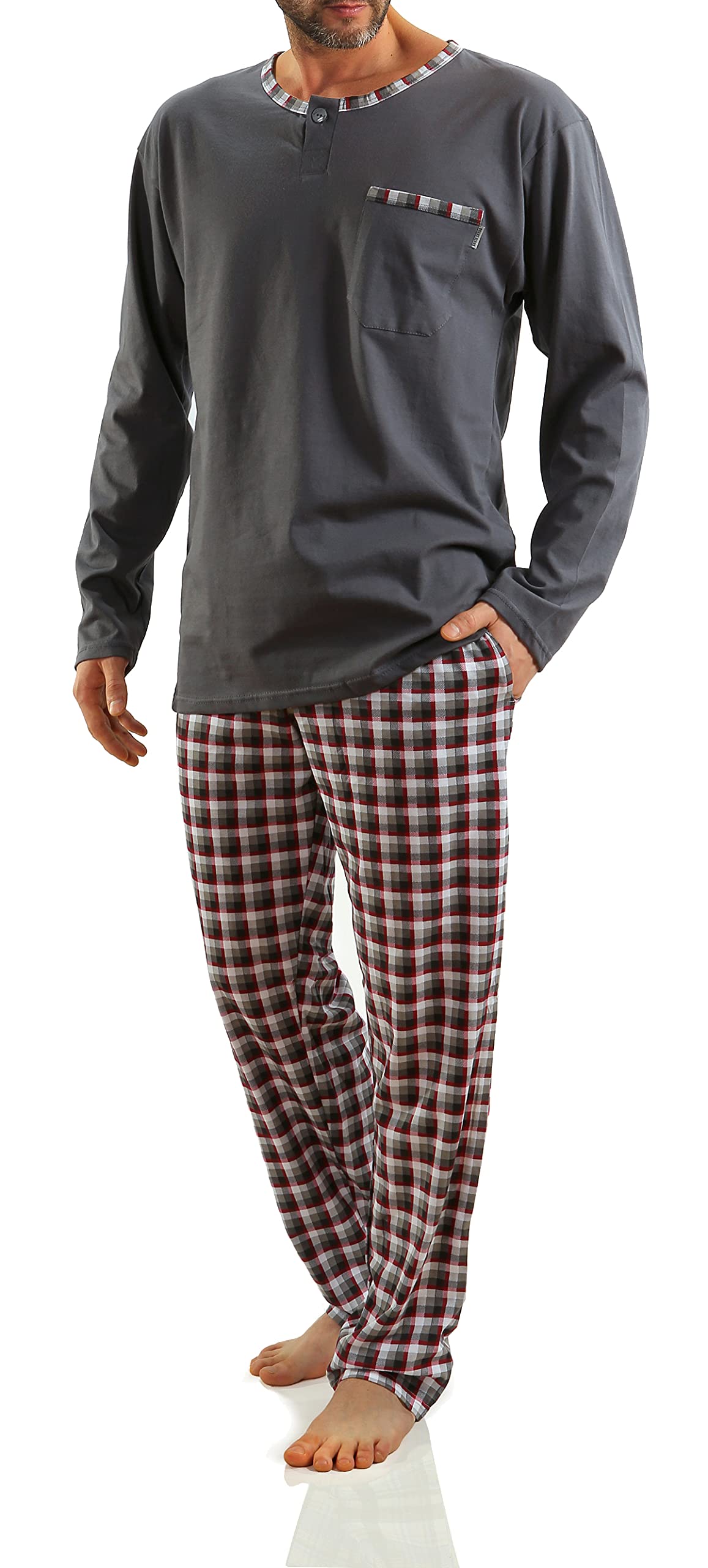 sesto senso Men's Long Cotton Pyjamas Long Sleeve Shirt with Pocket Pyjama Bottoms Two Piece Set Colourful Sleepwear