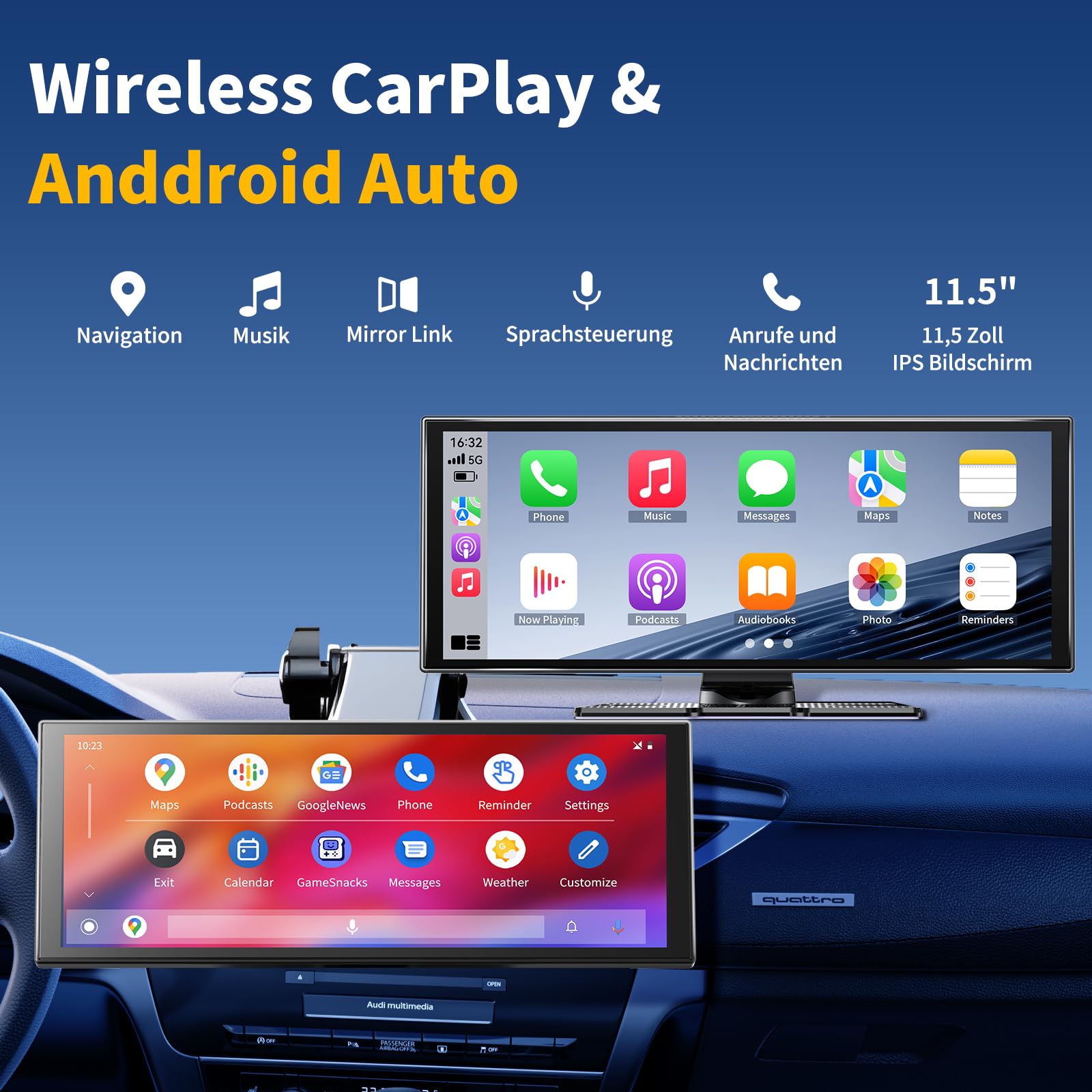 Alpinetech 10,26 Pollici Autoradio Portatile con Wireless Carplay Android Auto Touchscreen Monitor Anteriore Dashcam 4K e Telecamera Posteriore 1080P Bluetooth GPS Siri Mirror Link AUX FM 64G TF 7V-32