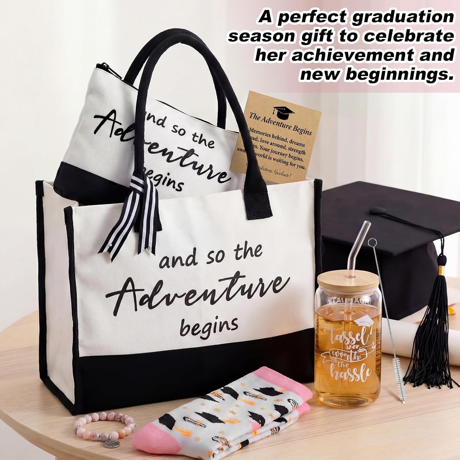 Thyle 6 Pcs Graduation Gifts for Her 2026 College Congratulations Grad Gifts for Women and So the Adventure Begins Tote Bag Makeup Bag Socks Bracelet Card Cup for Women High School Daughter Friends