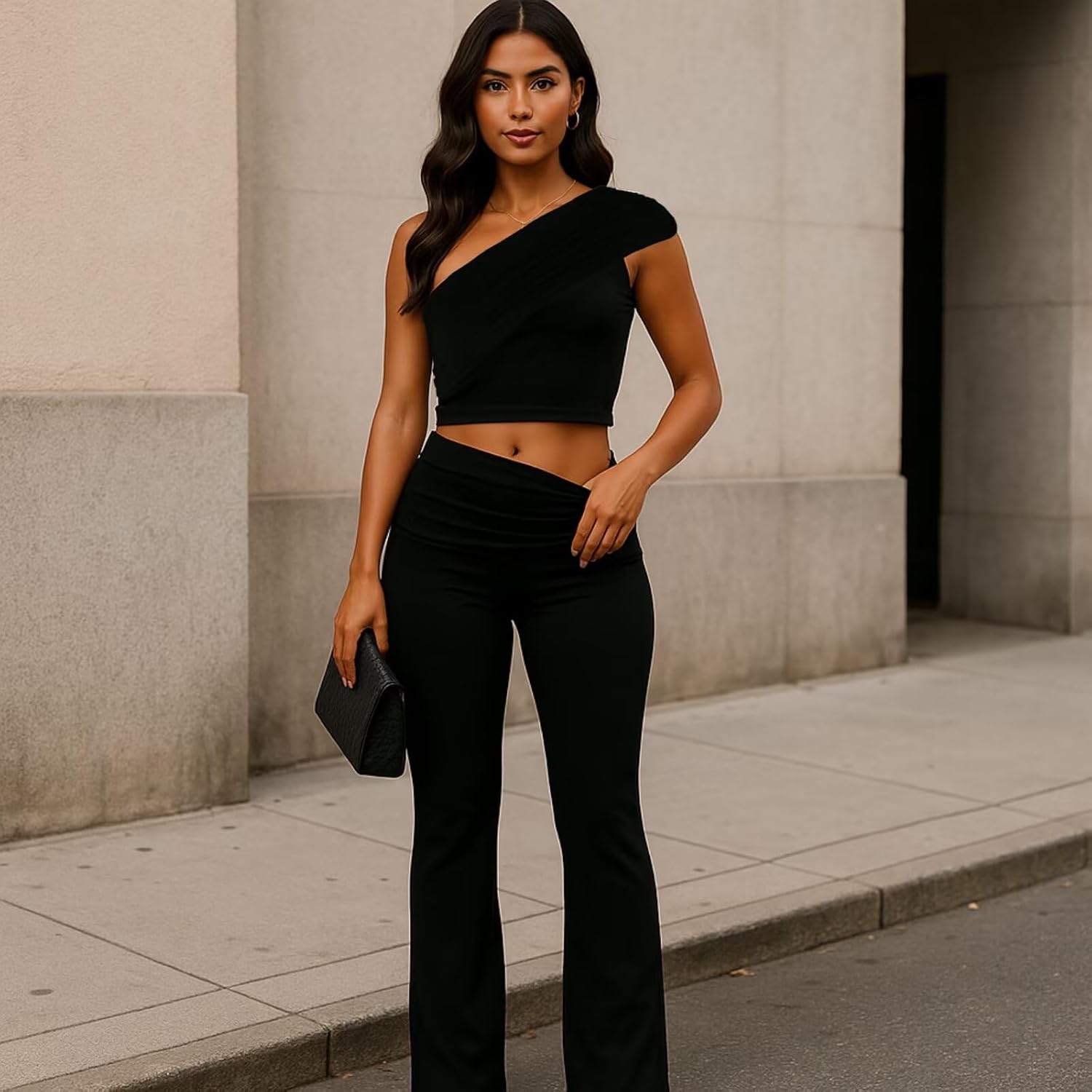 WXN Two Piece Sets for Women Summer Casual One Shoulder Crop Top Foldover Pants Set - Image 2