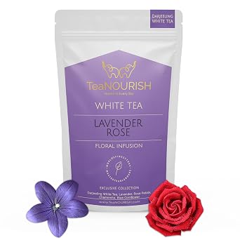 TeaNOURISH Lavender Rose White Tea | Darjeeling Silver Needles White Loose Leaf Tea Blended with Lavender, Rose Petals, Chamomile & Blue Cornflower - 1.76oz/50g