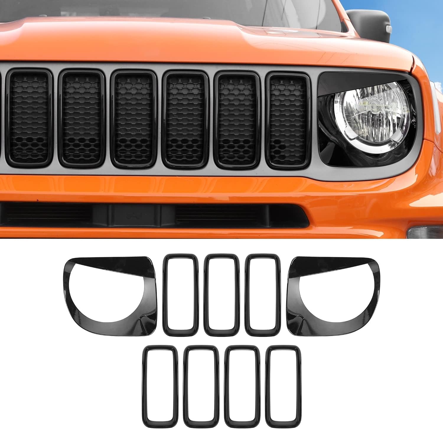 Front Grill Inserts Grille Inserts & Headlight Bezels Cover Trim for Jeep Renegade 2019+ (Black)