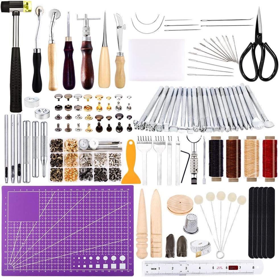 Mayboos 183Pcs Leather kit,Leathercraft Working Tool Kit with Saddle Making Tools Set,Leather Rivets Kit,Prong Punch,Leather Hammer for Leather Working,Leather Making,Leather Craft DIY