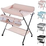 Tables à langer,Table à langer et Baignoire 2 en 1 pour bébé, De la naissance à 12 mois (jusqu'à 25kg), Table à Langer Pliable et Portable Table à Langer pour Bébé avec 4 roulettes,80*66*98cm（Rose） - 1
