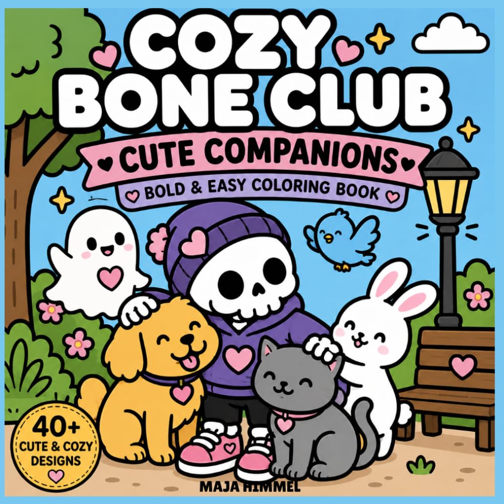 Cozy Bone Club: Cute Companions – Bold & Easy Coloring Book for Kids & Adults: 40+ Cozy Coloring Pages with Friendly Skeletons, Cute Ghosts & Adorable Animal Friends