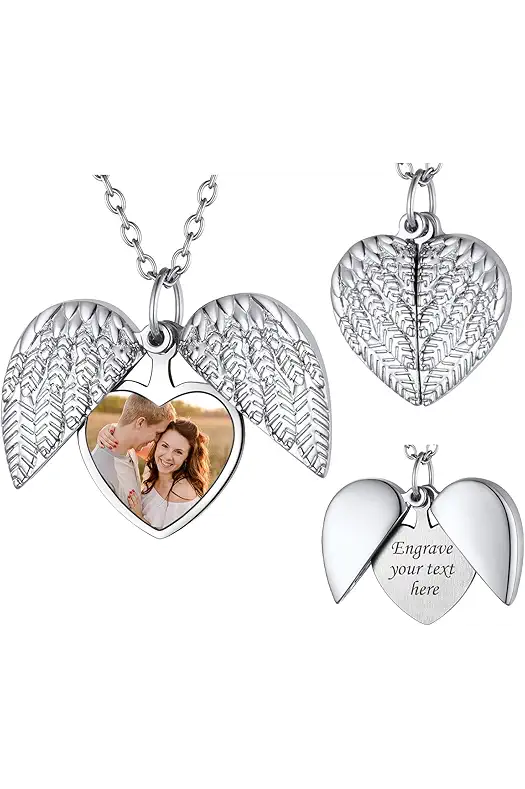FindChic Personalized Heart Photo Angel Wings Locket Necklace...