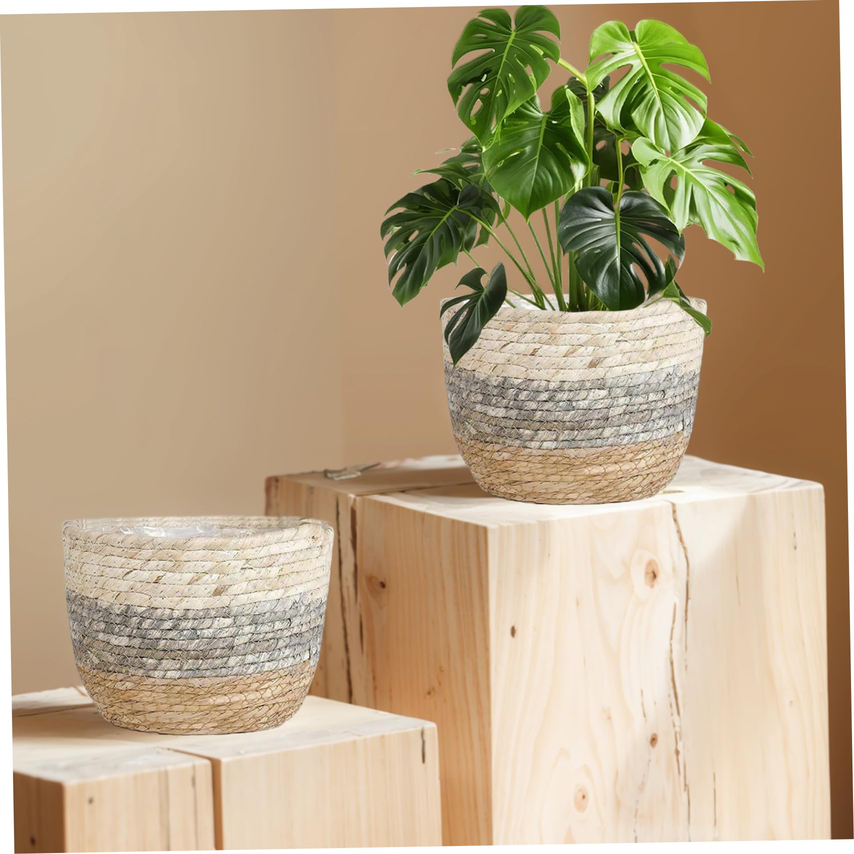 Cesta para macetero de Mimbre, Cesta Tejida para Plantas de 8, 7 Pulgadas con Forro Interior Impermeable, macetero Decorativo para Plantas, decoración Interior del hogar, Mimbre.