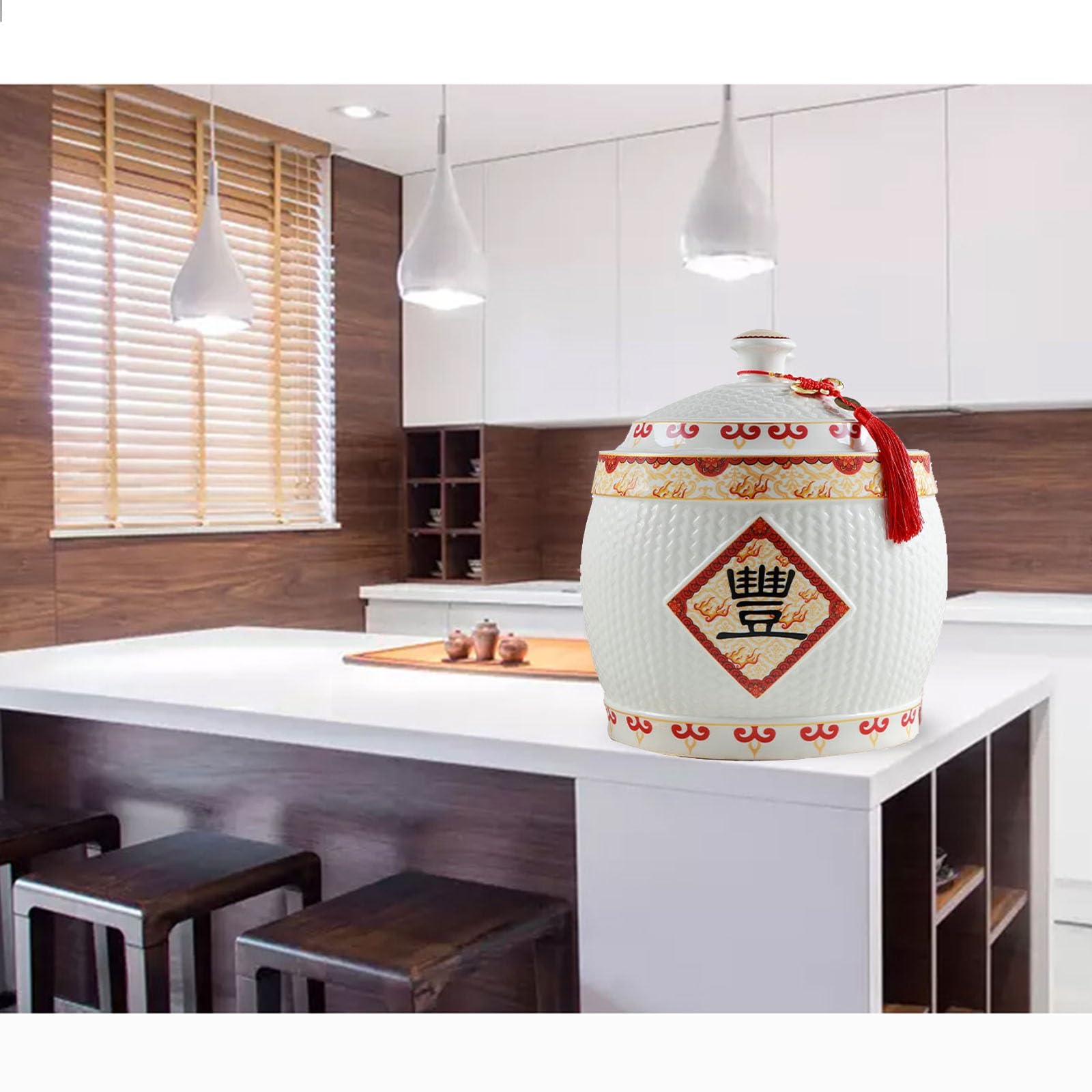 Vasi Di Conservazione Per Cibi In Stile Cinese Tradizionale, Distributori Classici Di Cibi, Vaso Per Riso In Ceramica Con Coperchio, Scatola Domestica Per La Conservazione Del Riso Con Coperchio(A,12.
