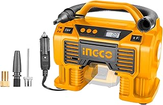 INGCO Auto Air Compressor, Portable Tyre Inflator Air Compressor, 160 PSI, 2 Power Supply by Vehicle or by Lithium-Ion Battery, Digital Display, LED Light, Safety Protection, Automatic Stop