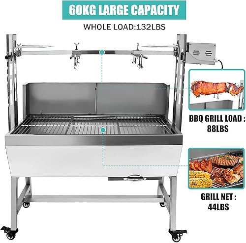 Vista 7 de Parrilla de asador de acero inoxidable con protector trasero, motor de 25 W, pequeño asador para cerdo y cordero, parrilla de carbón de 37'' 2 en 1
