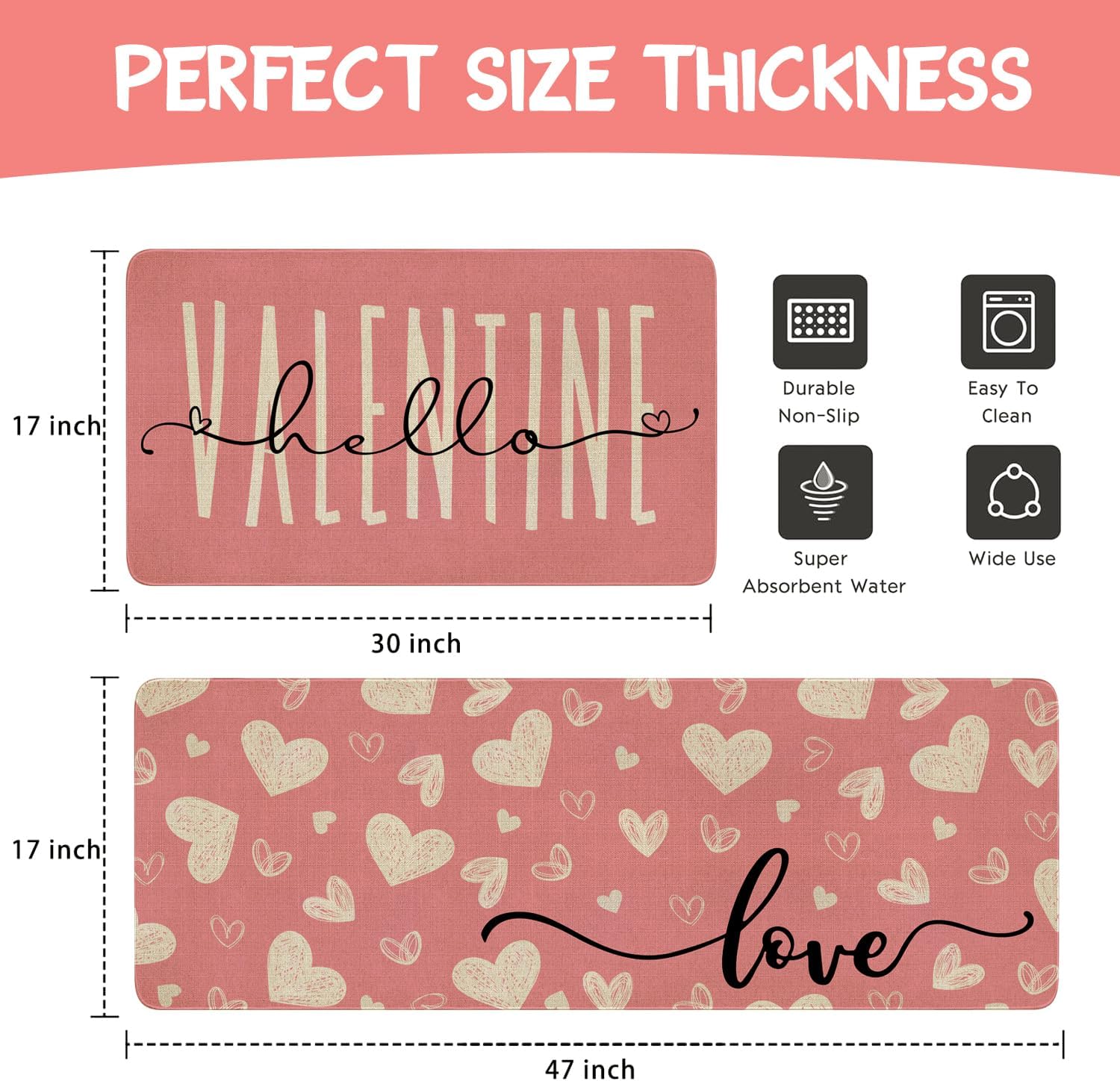 Valentines Day Kitchen Mat Set 2 Piece,Pink Love Heart Hello Valentine's Day Decorative Kitchen Rugs,Valentines Heart Low-Profile Mats for Home Kitchen Decor 17"x48"+17"x30"