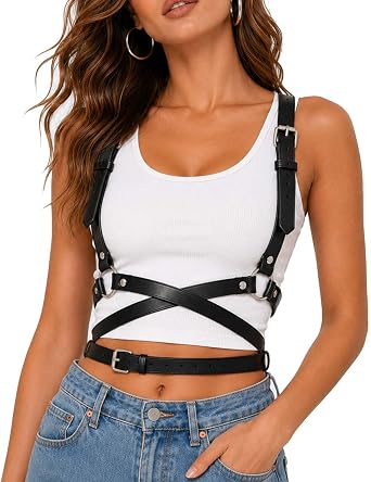 Gothic Leather Waist Harness Belt for Women - Adjustable Chest Vest Body Harness Chains Top for Party, Nightclub, Dating