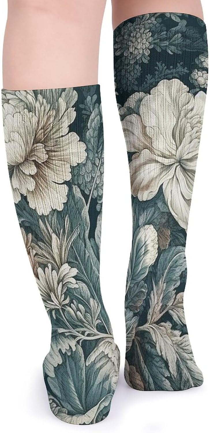 Breathable Crew Sock, Moisture Wicking, Athletic Calf Socks, Cozy | Flowers Compression Socks for Women Men, Lightweight High Work Socks for Business, Casual
