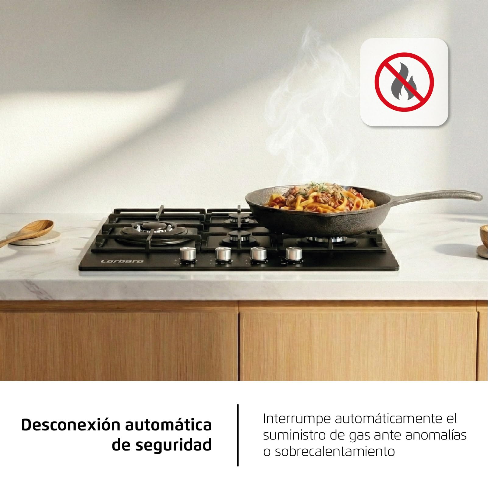 Corberó - Placa Gas Cristal LUX | CPCGM4F4126N | 4 Zonas | Potencia 8.05kW | Autoencendido | Zona WOK | Capa protección Clean + | Desconexión Automática | Cristal Negro