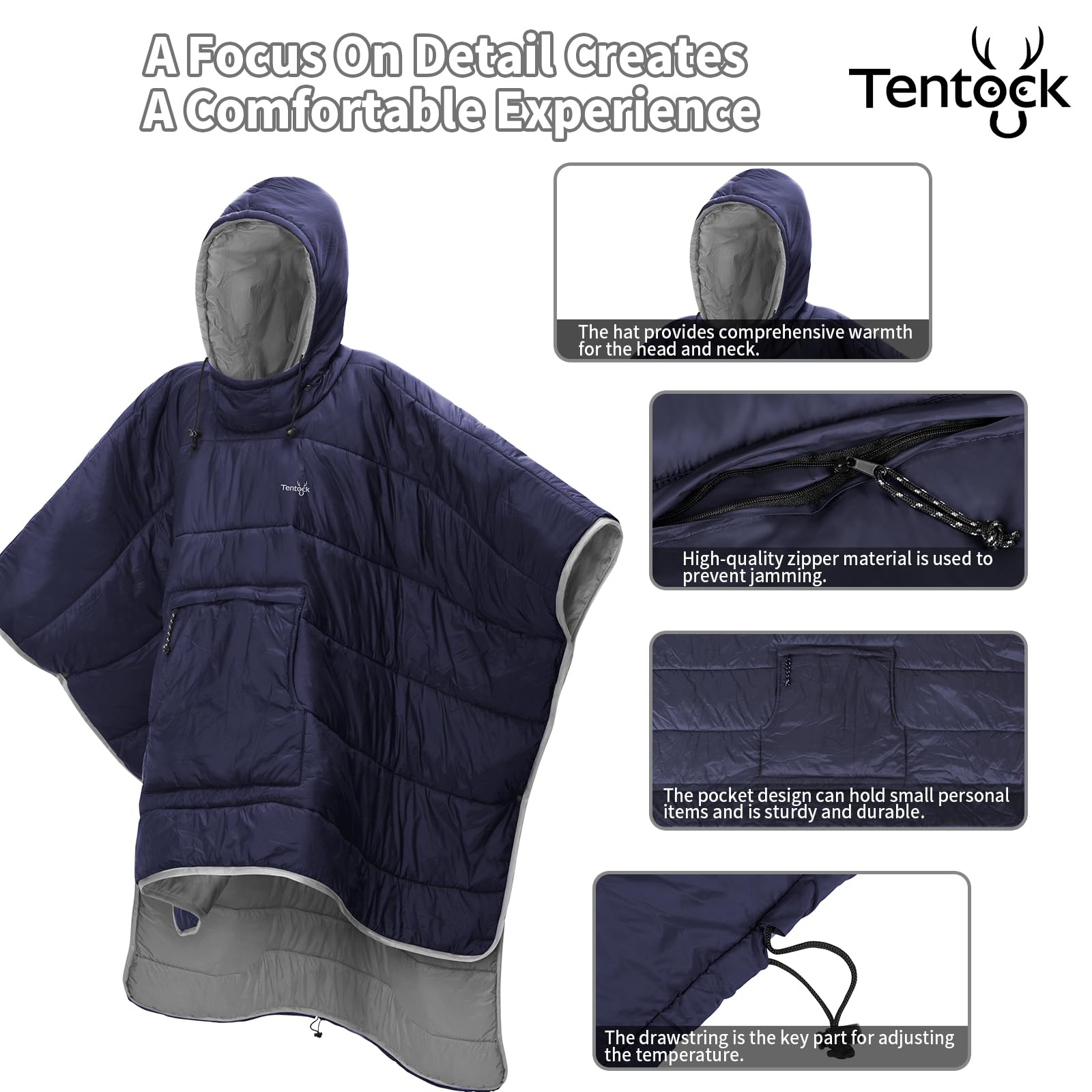 Tentock Zimowe ponczo z wiatroszczelną peleryną do noszenia, ponadwymiarowy bawełniany koc z kapturem z kapturem wodoodporny ultralekki śpiwór na kemping, trekking, podróż, dom, biuro