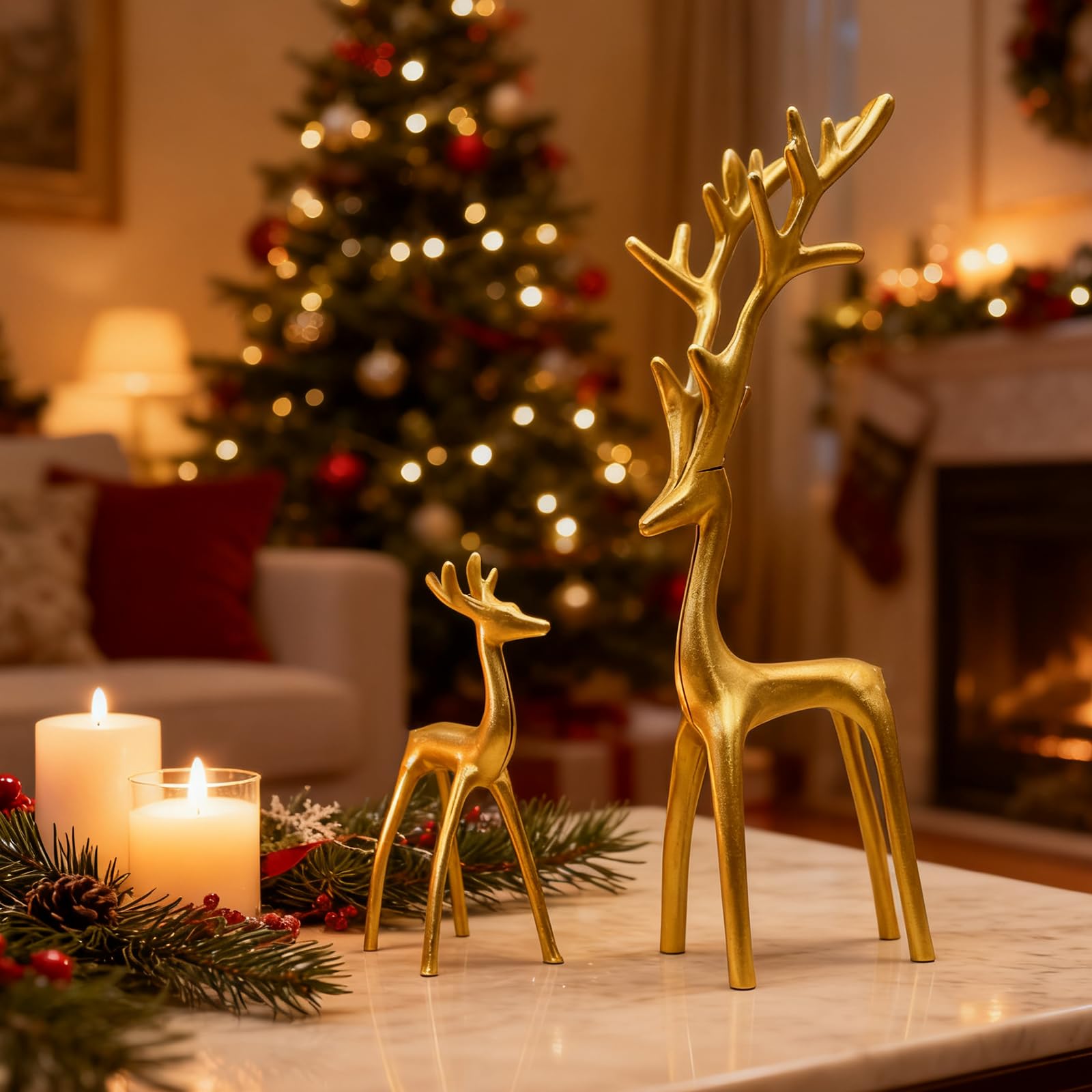 Juego de 2 decoraciones navideñas doradas, estatuas de reno, modernas figuras de Navidad de aleación de aluminio, elegantes adornos de mesa de Navidad para chimenea, sala de estar, dormitorio