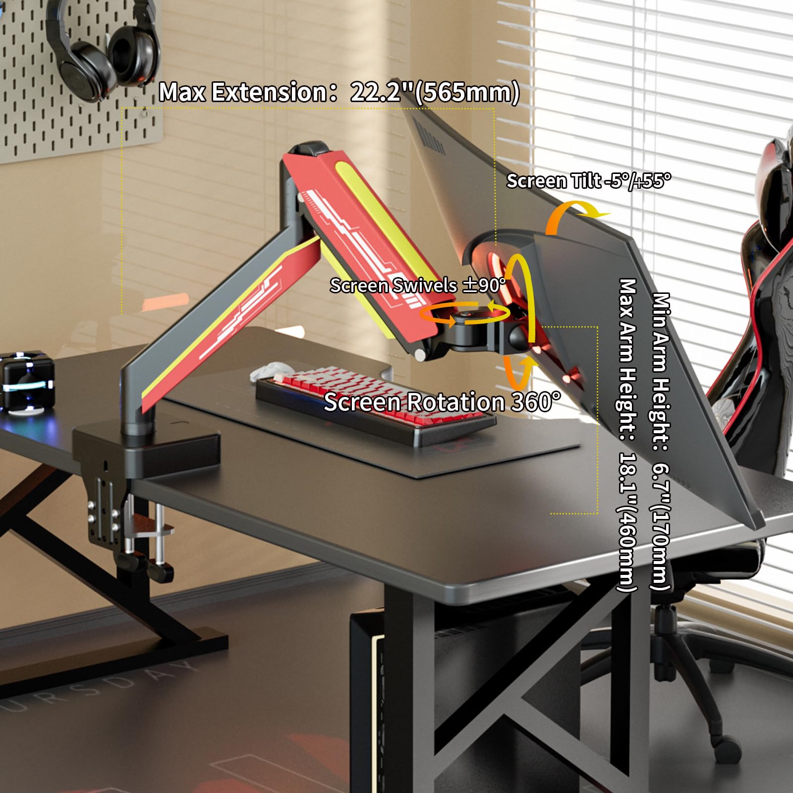 Supporto Monitor per 13-49 Pollici fino a 20 kg, Rotazione 360° Braccio Schermo Scrivania, Monitor Arm Inclinazione Altezza Gas Regolabili, Porta Monitors Gestione dei Cavi, VESA 75/100, Nero