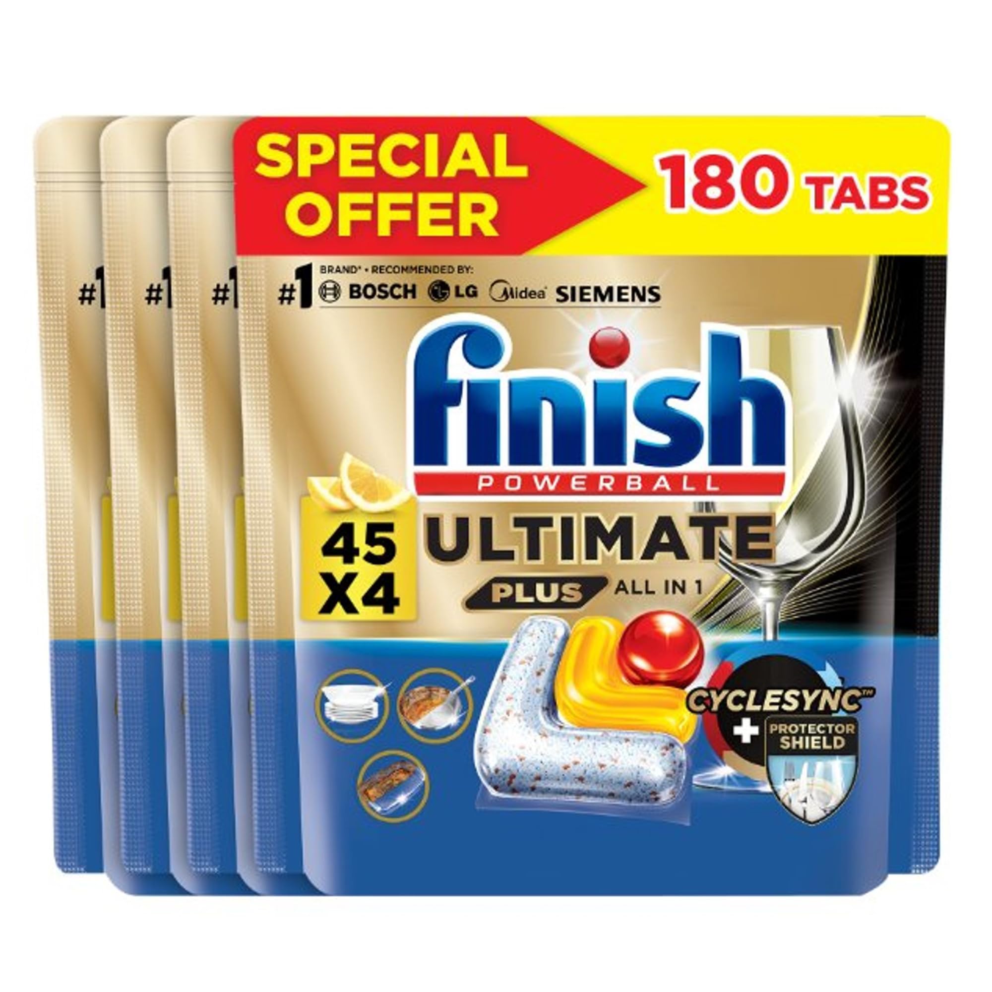 Finish Powerball Ultimate Plus Dishwasher Detergent, Lemon Fragrance Scent, 45 Tabs x 4