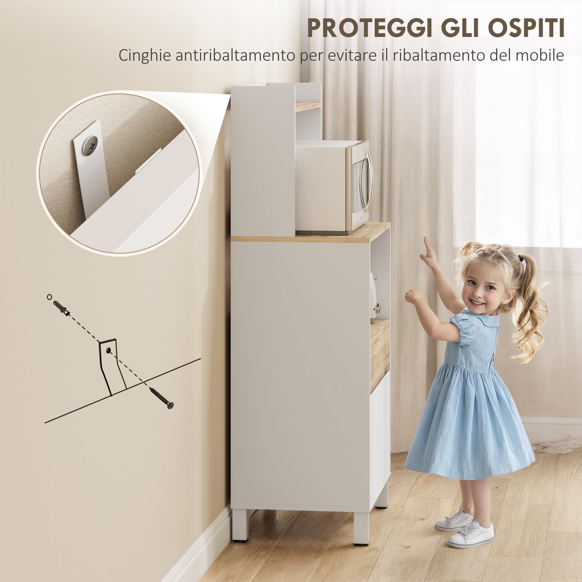 HOMCOM Mobile Microonde con Armadietto a 2 Ante Soft Close, Credenza Cucina Microonde con Cassetto, Piano per Elettrodomestici, Scaffale Superiore, Ripiano Aperto, per Soggiorno, 60x40x131cm, Bianco