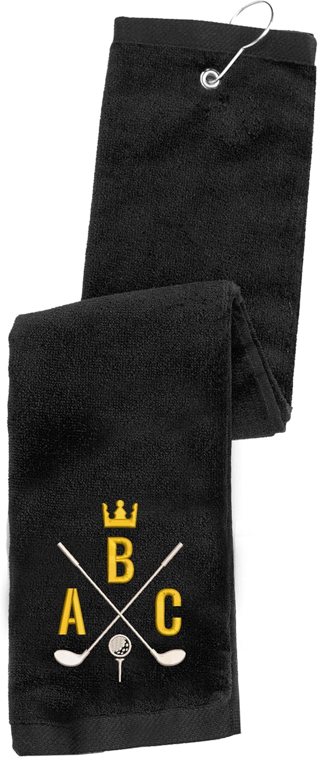 Personalized Embroidered Golf Towel with Monogram Design and Initials – Custom Trifold Towel for Golf Bags with Grommet and Carabiner Clip, Hook