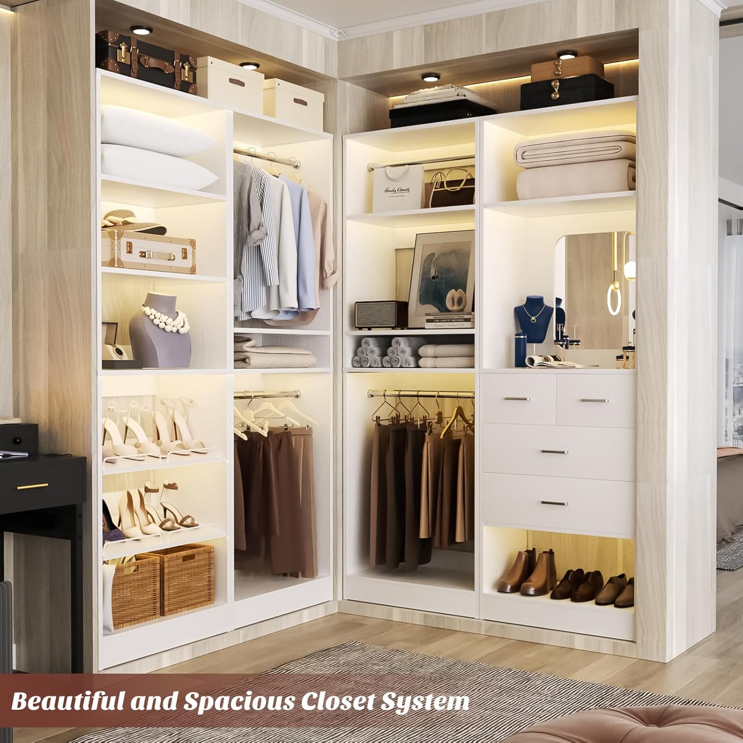 Unikito 50” Closet System with 4 Drawers, 4.2FT Wood Closet Organizer with Hanging Rods and Mirror, Reversible Small Walk in Closet Wardrobe, Adjustable Sturdy Clothes Garment Rack, Set of 2, White
