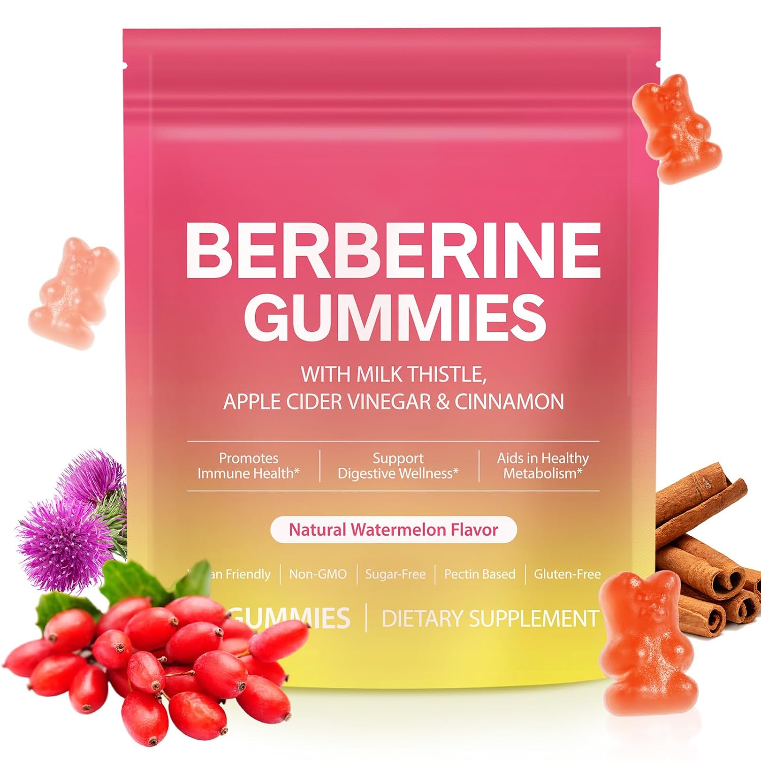 Berberine Comples Gummies with Ceylon Cinnamon Milk Thistle ACV Sugar Free Berberine Supplement for Metabolism Energy Gut Health