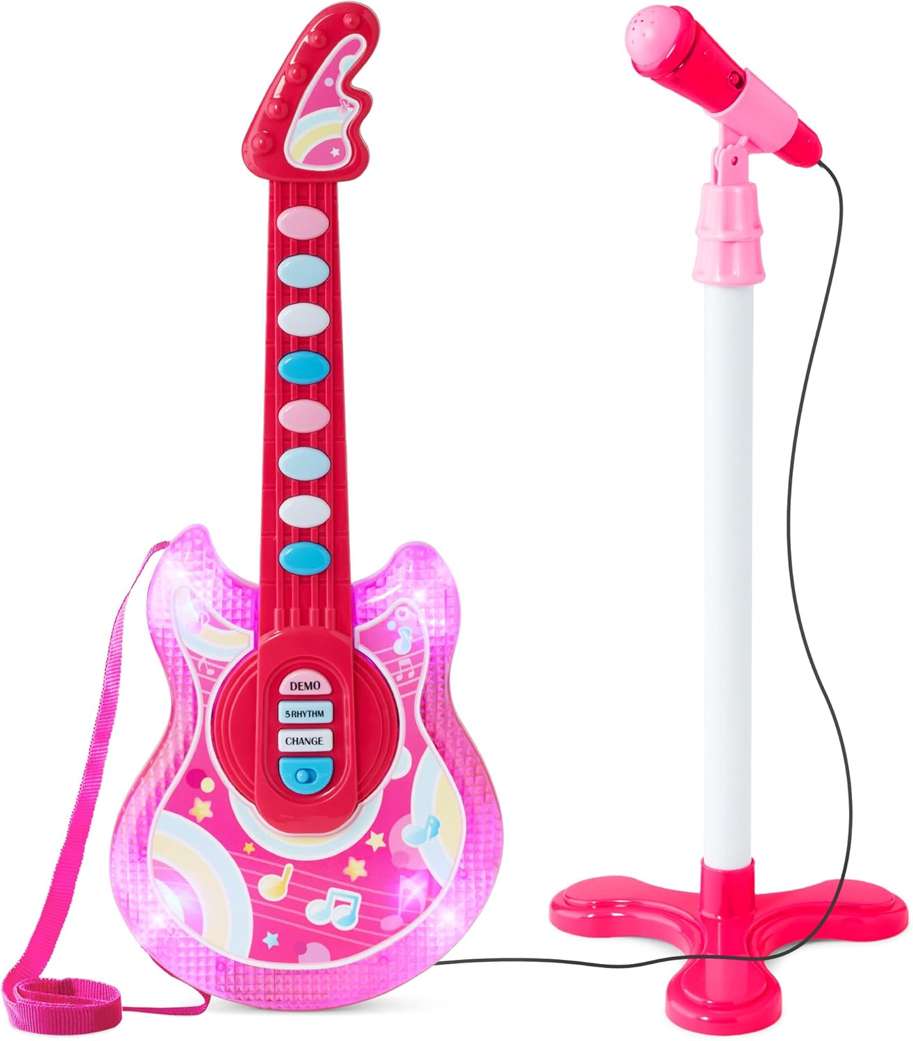 Best Choice Products 19in Kids Toy Guitar, Pretend Play Musical Instrument Toy for Toddlers w/Mic, Stand, 8 Demo Songs, Lights & Sounds - Pink