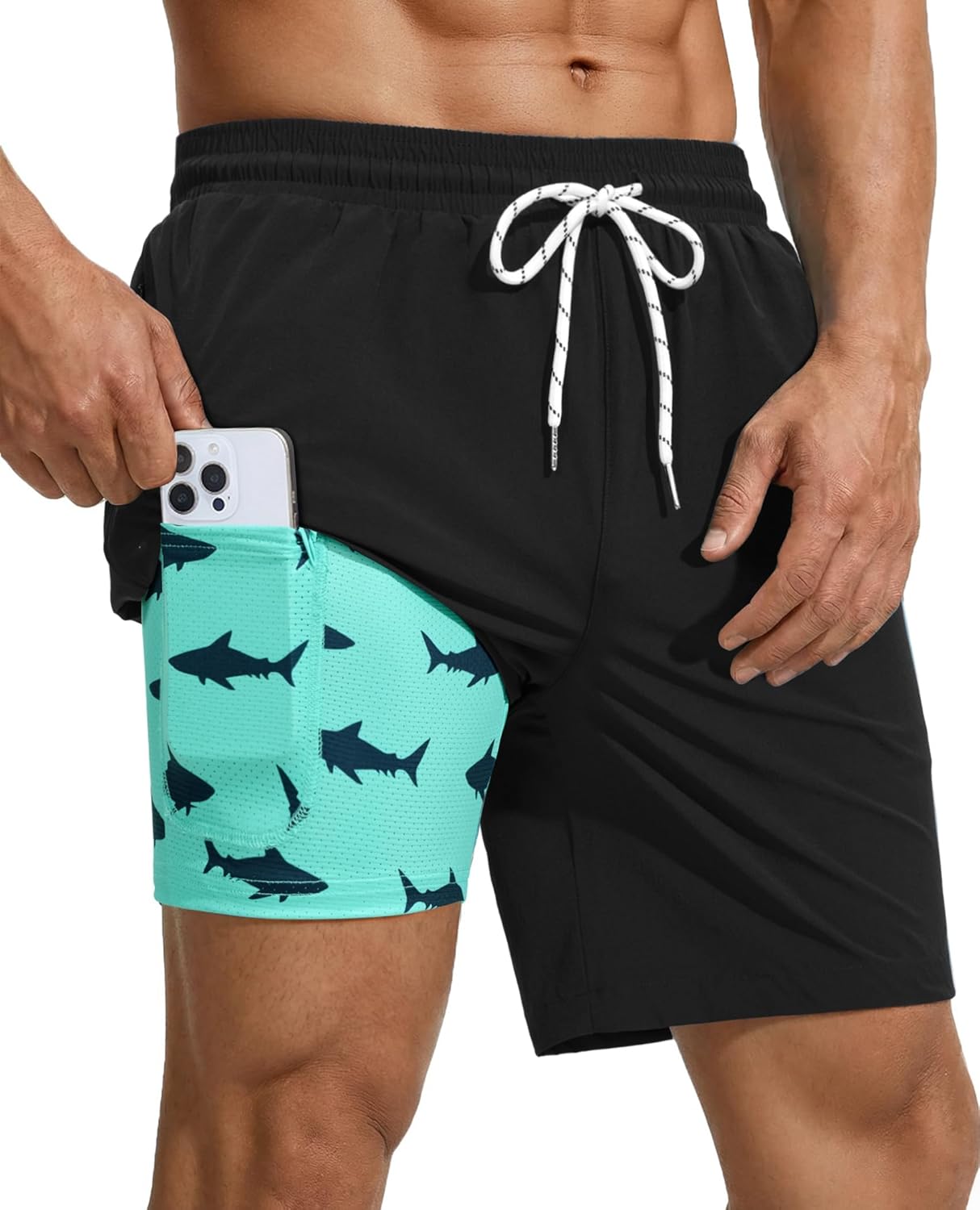 Mens Swim Trunks with Compression Liner 7 Inch Mens Bathing Suit Quick Dry Pockets Stretch Drawstring Shark Printed 2in1