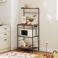 Vista 4 de Estante de panadería con toma de corriente, estante de almacenamiento de cocina con 6 ganchos, soporte para microondas con almacenamiento, estación