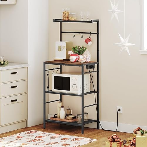 Miniatura 4 de Estante para panaderos con toma de corriente, estante de almacenamiento de cocina con 6 ganchos, soporte para microondas con almacenamiento,