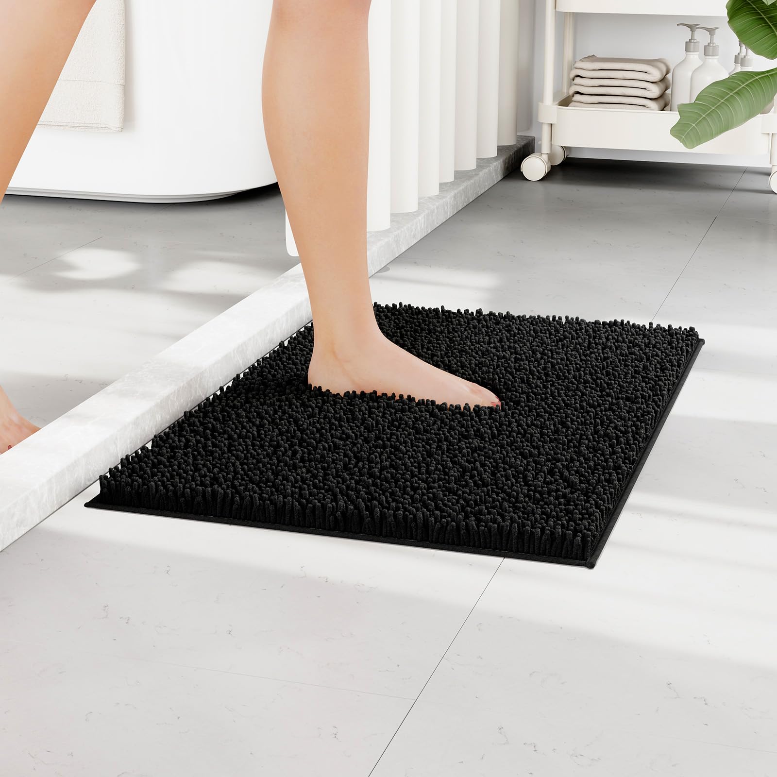 RUN HELIX Chenille Bath Mat Non Slip, Black Bathroom Mat 40x60 cm ...