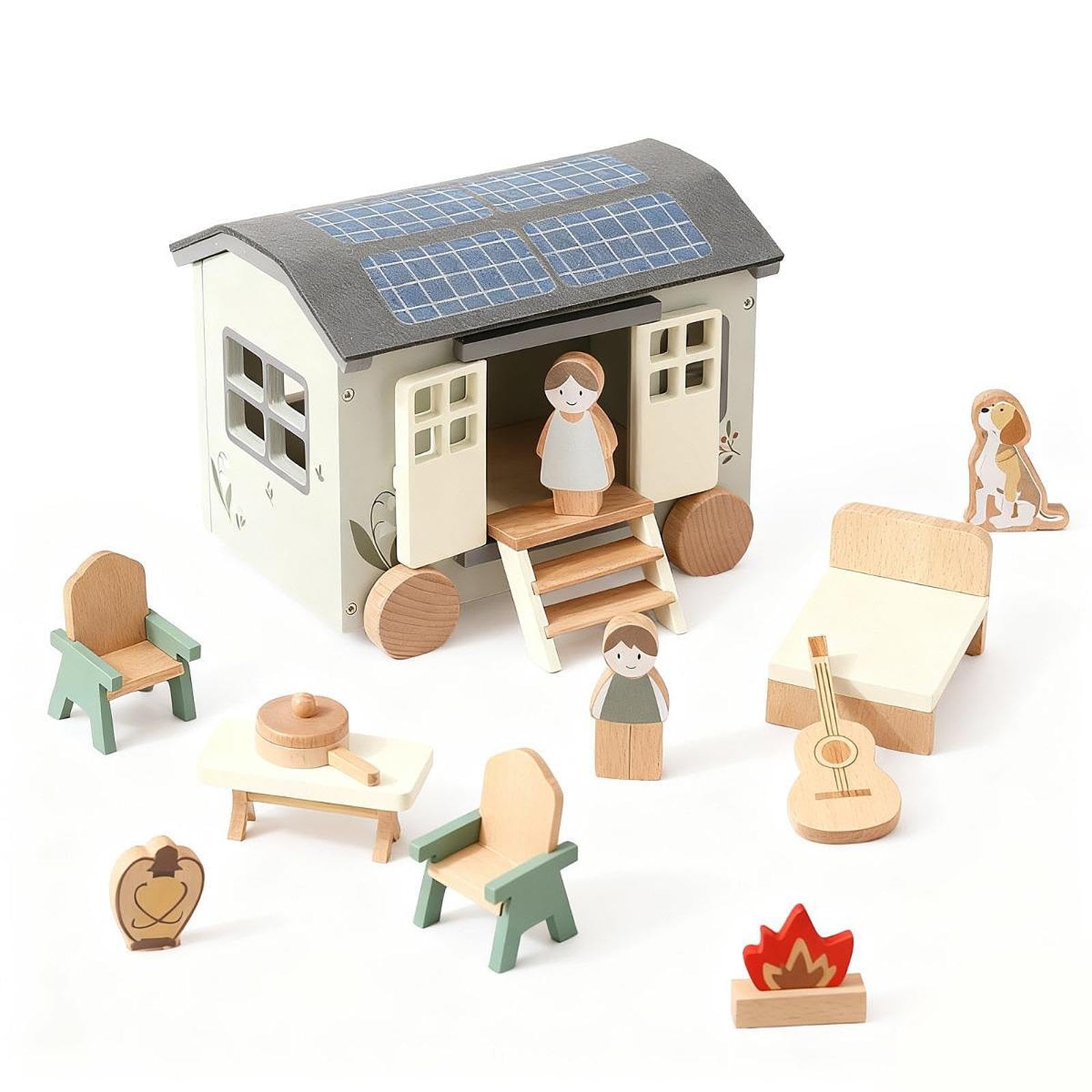 harayaa Holz Camping Set, Holztisch Und Stühle, Holz Camping Van, Rollenspiel, Puppenhaus, Pädagogisches Spielzeug für Kinder