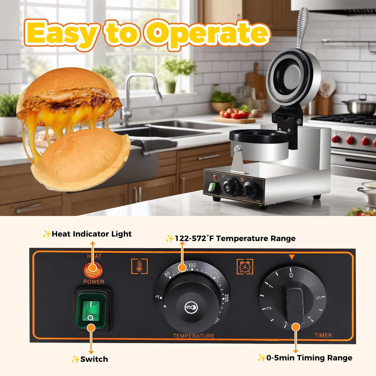 Disquera Pan Cubano Industrial Gofrera para Hamburguesas 50℃~300℃ Máquina para paninis Prensa de Hamburguesas Comercial para restaurantes/cafeterías/Camiones de Comida 4grids