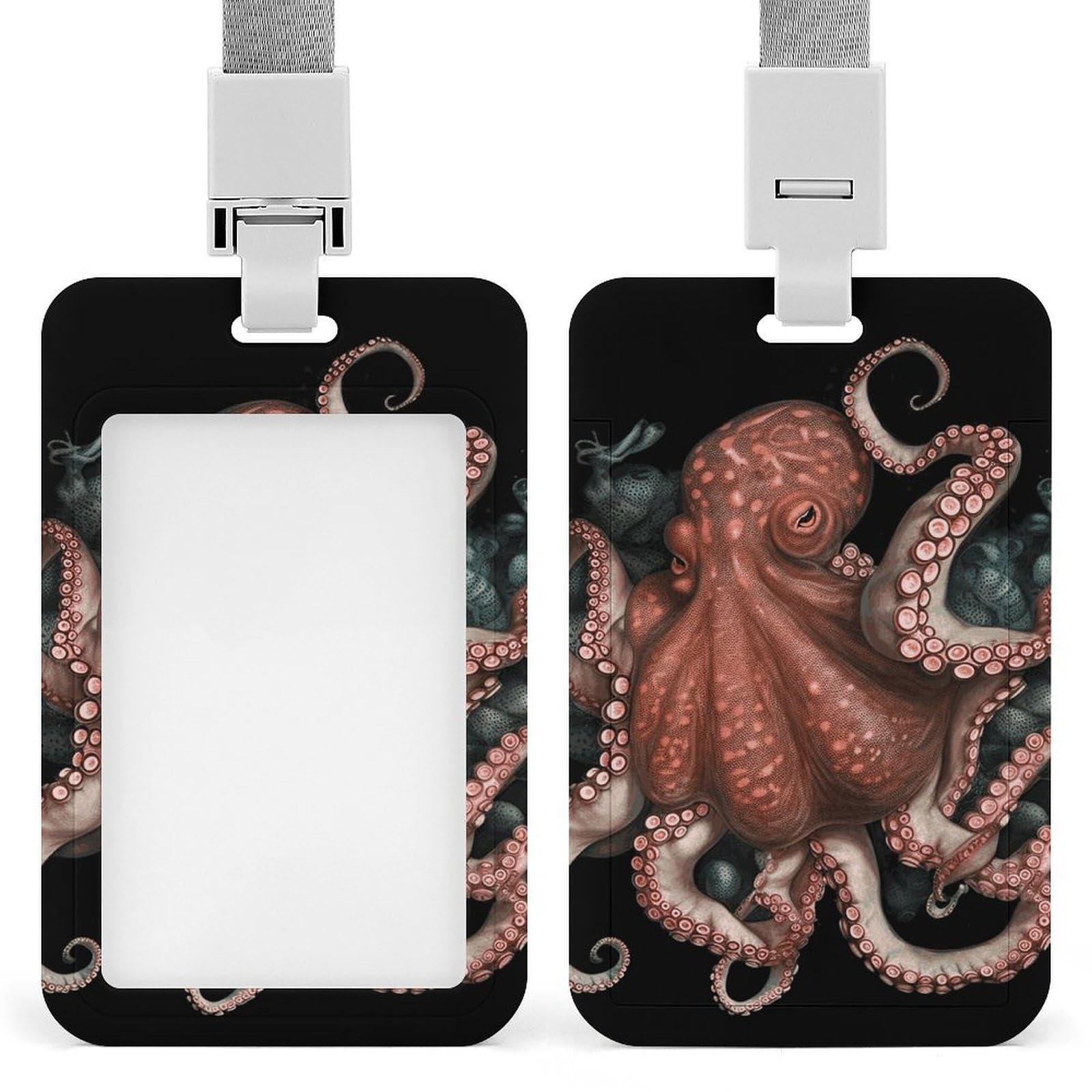 ID Card Holders for Lanyard,Octopus Intertwined Printed Badge Holder with Clear Window,Plastic Vertical Bus Pass Holders for Work Teacher Nurse Employees Proximity Key Cards Women Men — image 1