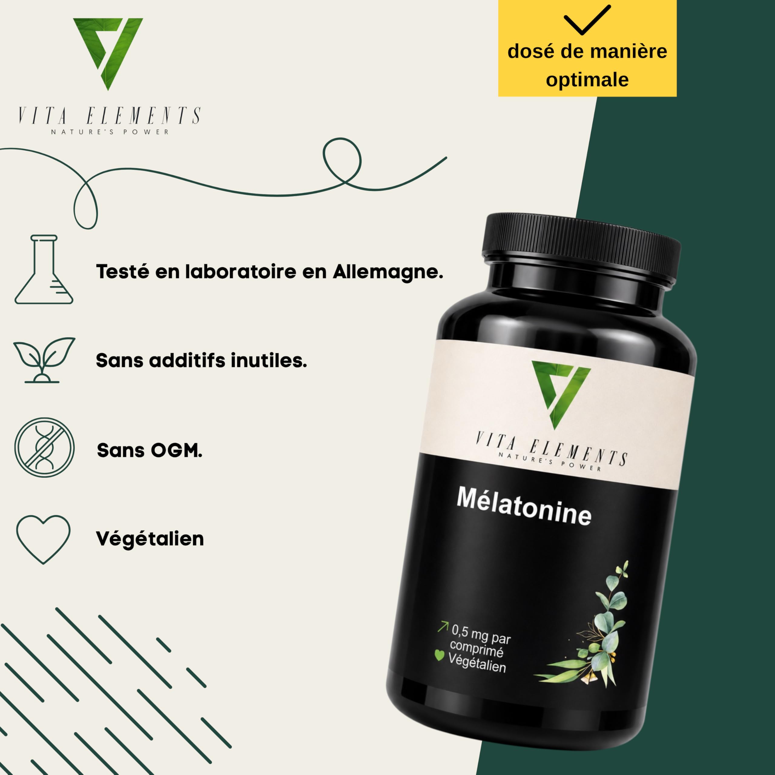 Vita Elements Mélatonine - 365 Comprimés - 0,5mg Mélatonine par Dose Journalière - Stock Annuel - Vegan - Sans Stéarate de Magnésium - Testé en Laboratoire - Mini Comprimés (3)