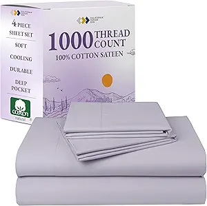 California Design Den Queen Sheet Set - Luxury 1000 Thread Count Sateen, Thick and Natural 100% Cotton Sheets, Deep Pockets, Cool and Durable Bedding Set - Lavender Grey