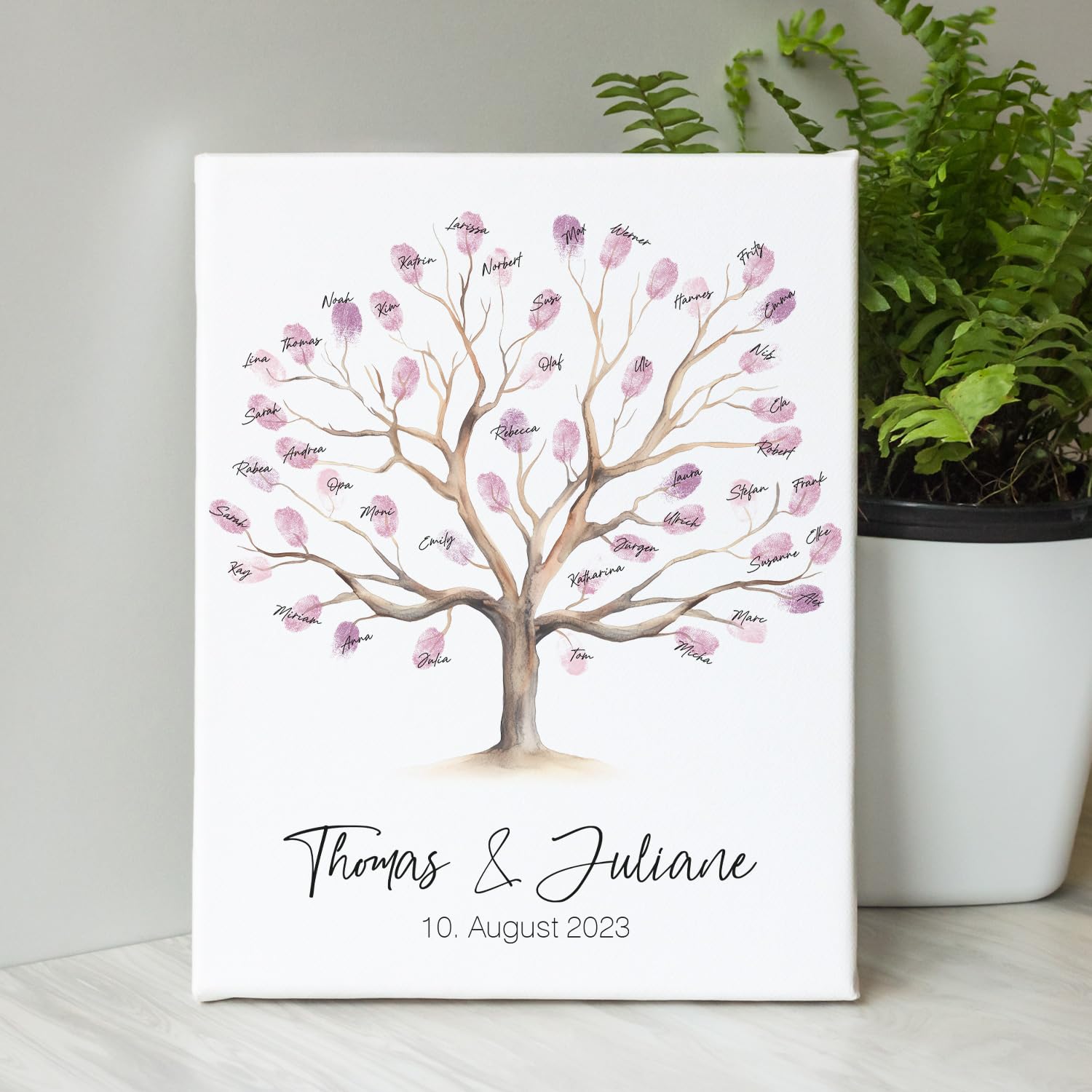 GRAVURZEILE Tela stampata, albero di nozze, personalizzabile, con nome e data, libro degli ospiti con impronte digitali, regalo di nozze personalizzato, regalo per gli sposi, 30 x 40 cm