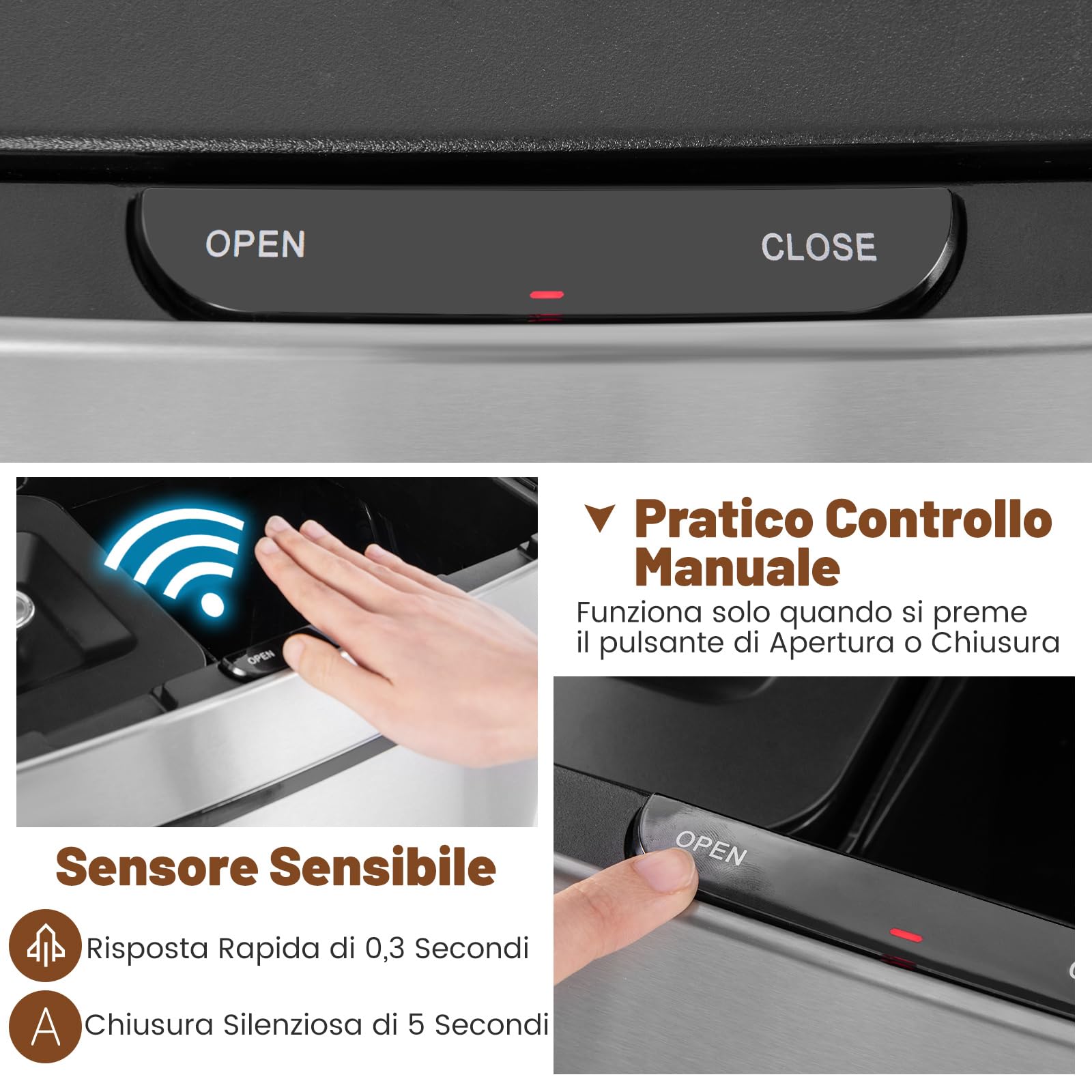 COSTWAY 72L Pattumiera Differenziata, Bidone della Spazzatura in Acciaio Inox con 3 Scomparti e Sensore di Movimento, Coperchio a Chiusura Morbida, Ideale per Casa Ufficio (Argento)