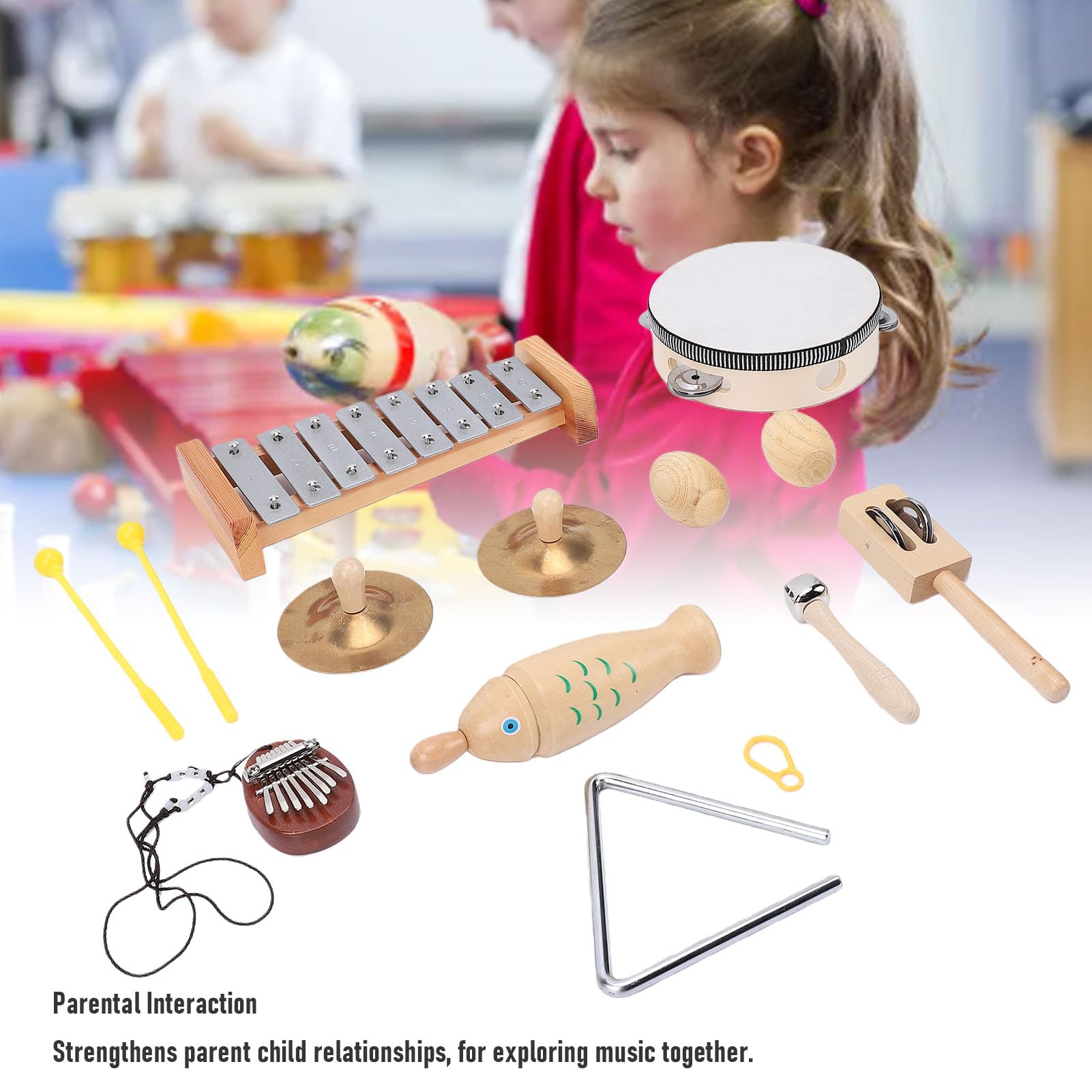 Kinder-Schlaginstrumenten-Set aus Holz, Kleinkind-Schlagzeug-Set mit Xylophon, Trommel, Tamburin und Maracas aus Buchenholz und Metall für die Frühe Lernphase in Vorschule,