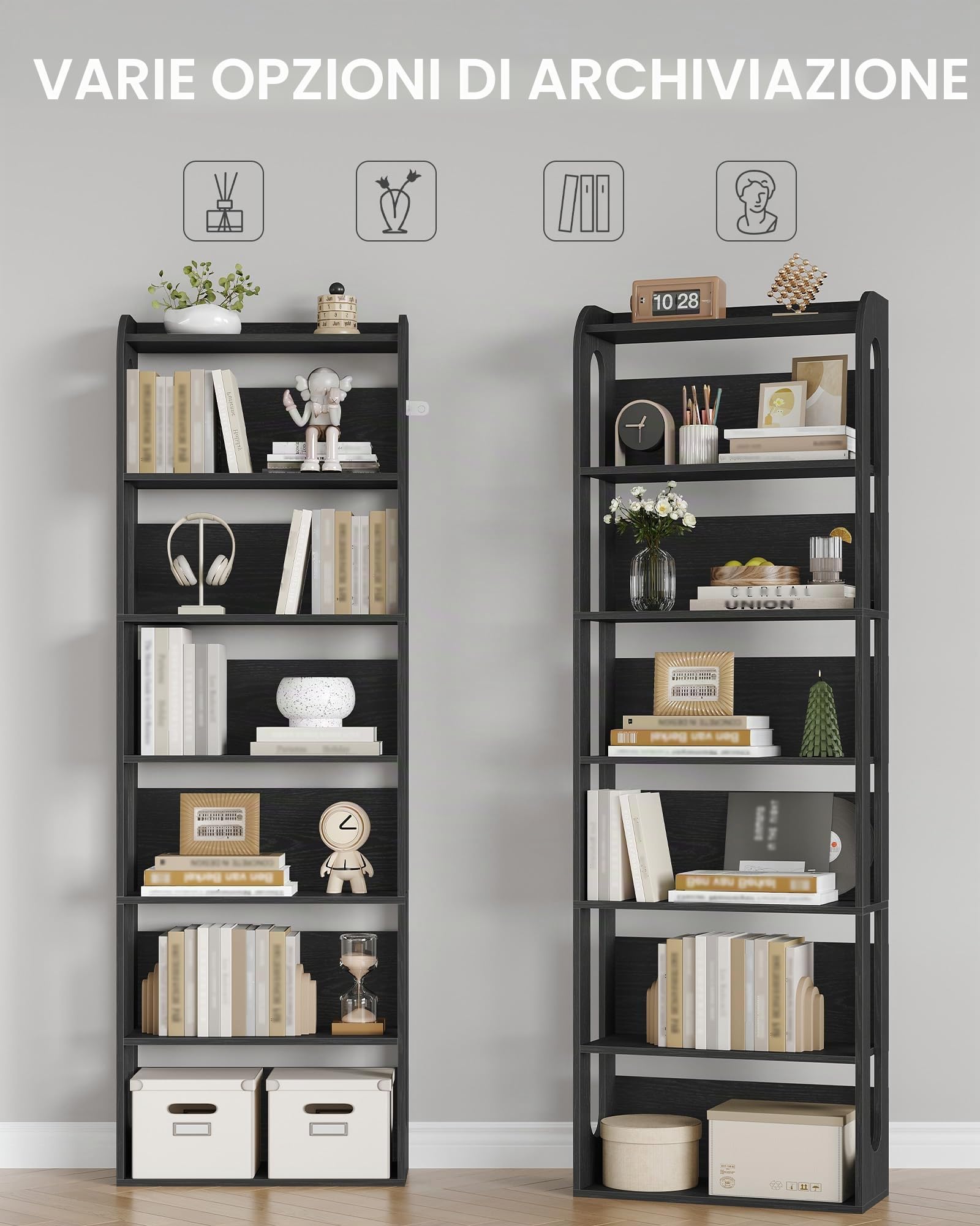 Hzuaneri Libreria a 7 Ripiani, Libreria Soggiorno Legno, Scaffale Portaoggetti Aperto, per Salón, Estudio, Oficin, Dormitorio, 24 x 60 x 182 cm, Nero BC70004X