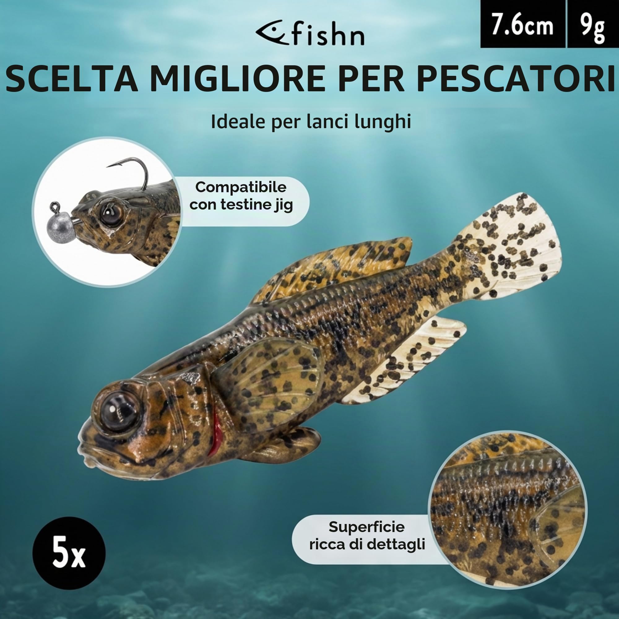 FISHN Set di 5 pesci di gomma GOBYONE 7,6 cm 9 gr ultra realistici per la pesca di pesce persico e