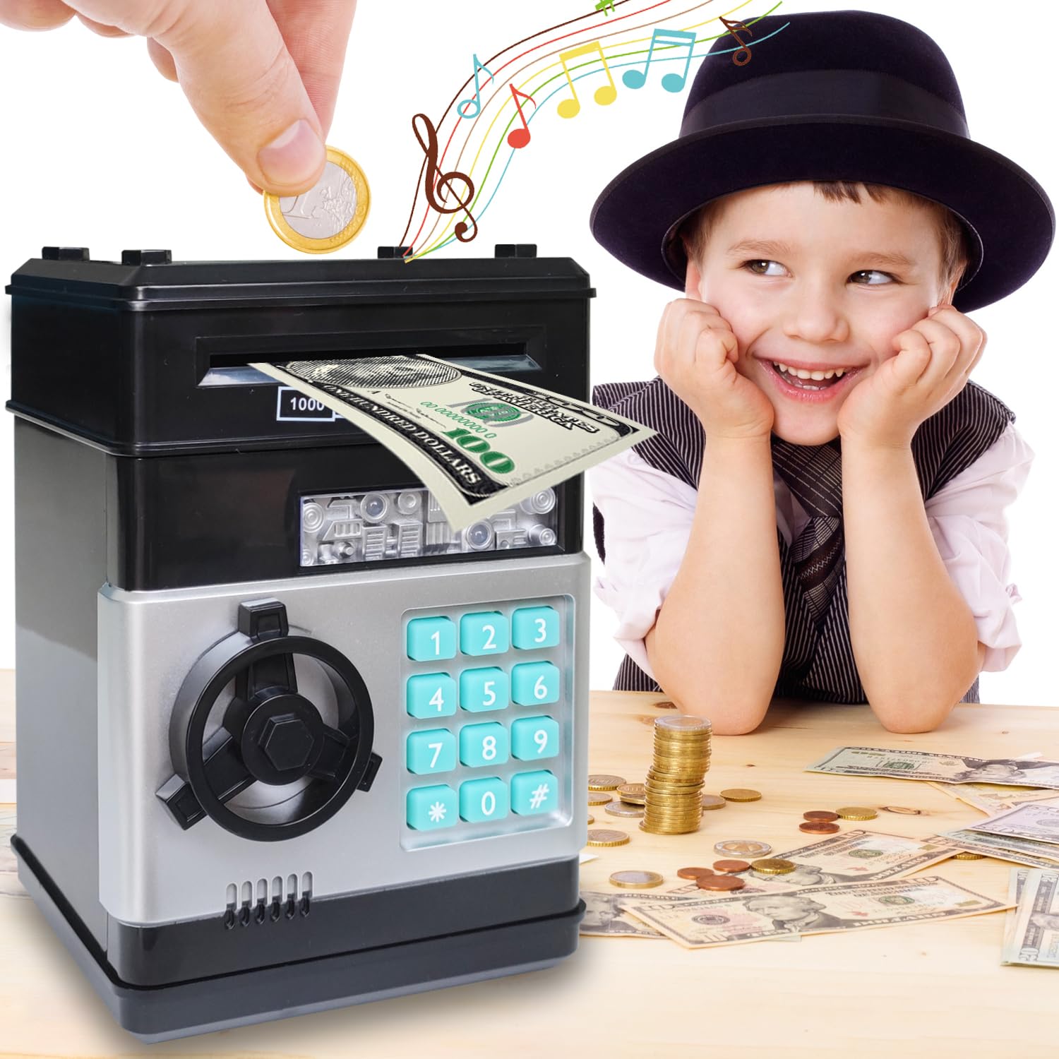 Gzolxkwin Piggy Bank Toys for Kids Boys Girls Age 6 7 8 9 10 12,ATM Machine Electronic Money Bank Cash Coin Money Saving Box Safe Kids Boys Toys for 6-8-10-12 Years Old?Black?