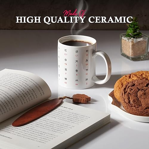 Miniatura 10 de Taza de café de cerámica coreana de 12 onzas con impresionante diseño de hangul y alfabeto inglés, taza ideal para entusiastas del café y el idioma,